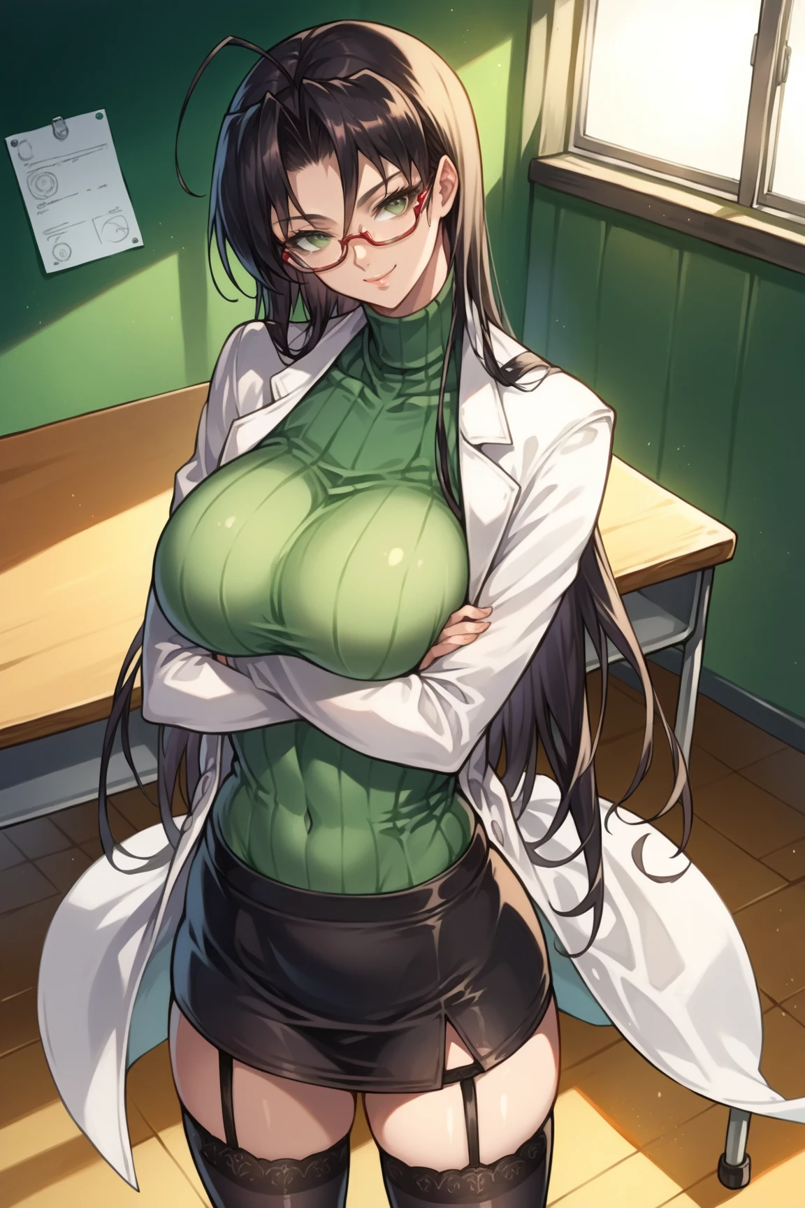  score_9,  score_8_above,  score_7_above, source_anime BREAK 1girl, Alone,  gunman shot ,  detailed background , Chisato SDXL ,  Black hair,   long hair,  green eyes, glasses, glasses de montura roja,   ribbed jersey , green sweater,  thighhighs , high neck, lab coat, Covered navel, garters, mini skirt, black flick,  Big Tits,  seductive smile, classroom, Sunlight, inside,  mature woman , at the table,  session,  oblique , crossed arms,