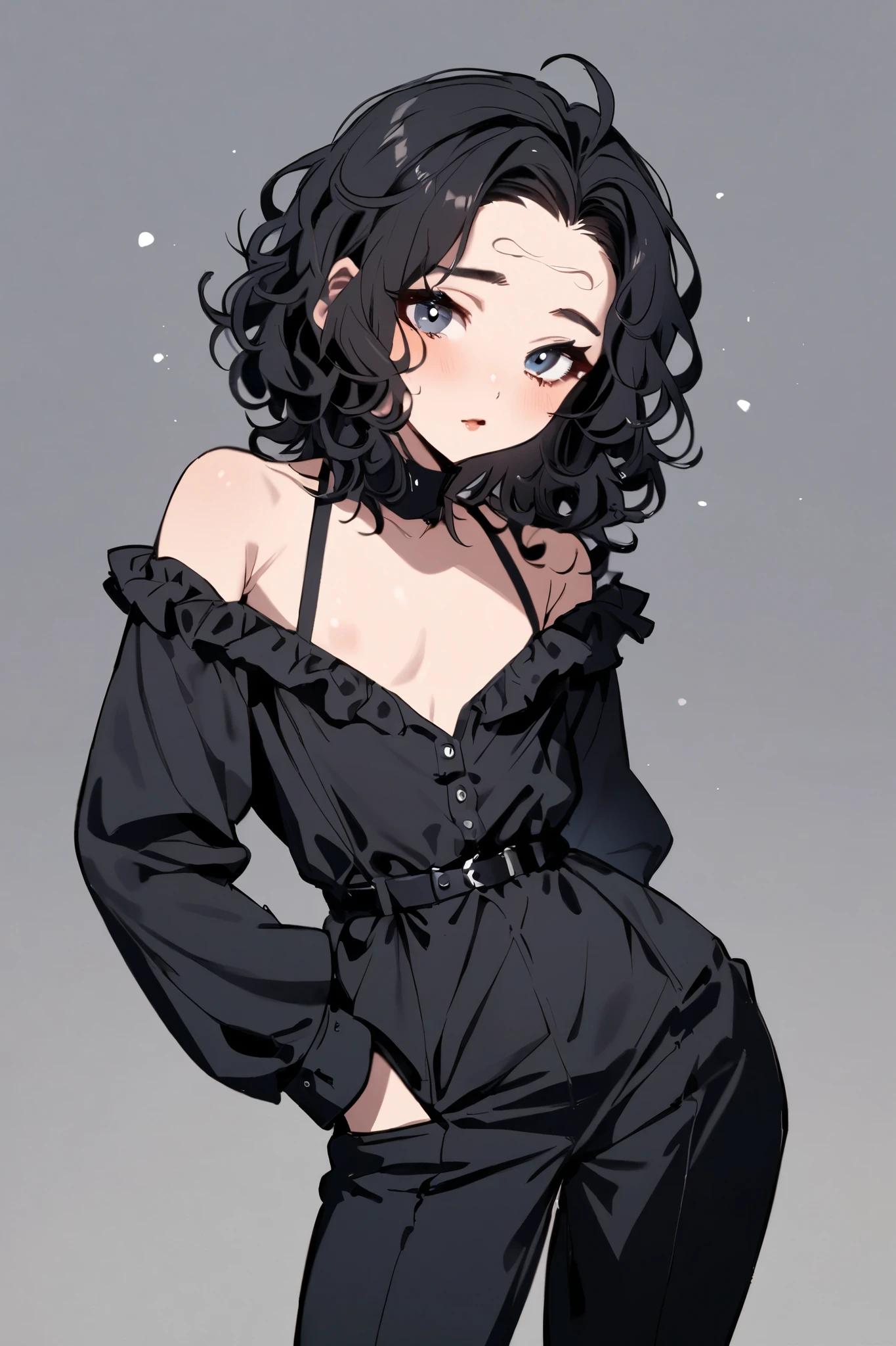 1boy, Solo, his hair is thick black and curly, with a bangs that covers his forehead, his hair reaches his shoulders, cute looking, femboy clotches