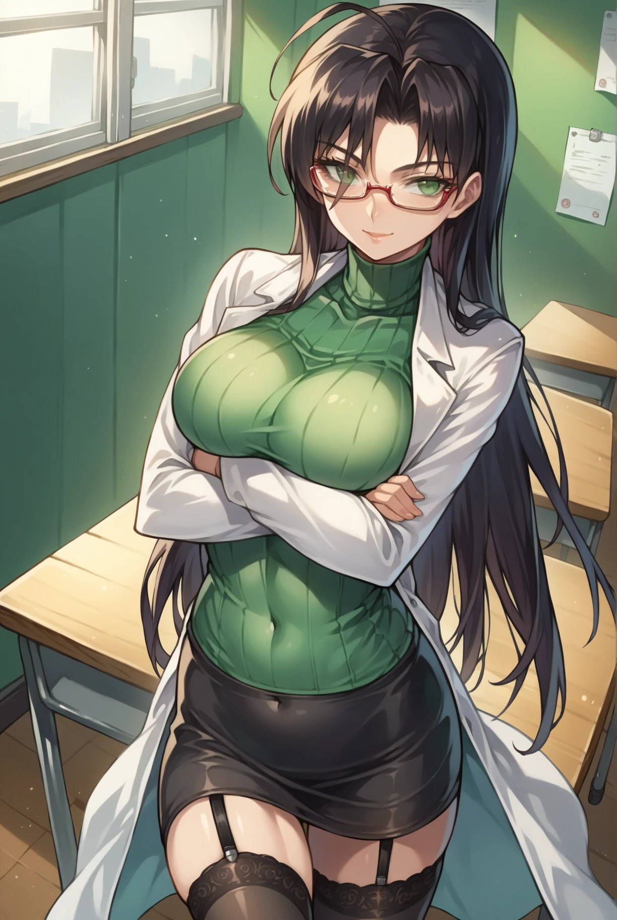  score_9,  score_8_above,  score_7_above, source_anime BREAK 1girl, Alone,  gunman shot ,  detailed background , Chisato SDXL ,  Black hair,   long hair,  green eyes, glasses, glasses de montura roja,   ribbed jersey , green sweater,  thighhighs , high neck, lab coat, Covered navel, garters, mini skirt, black flick,  Big Tits,  seductive smile, classroom, Sunlight, inside,  mature woman , at the table,  session,  oblique , crossed arms,