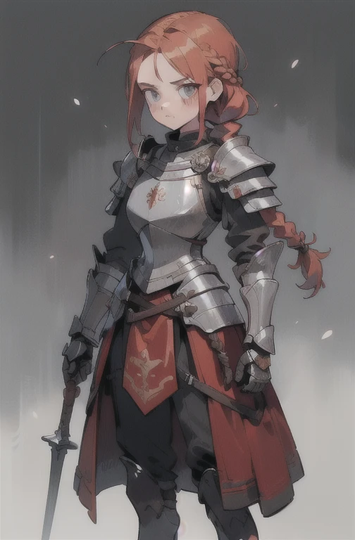 (masterpiece, ultra-detailed, high resolution, best quality:1.2), (anime, full body, standing posture, Simple Background, plain background), (1girl, female knight), (redhead, forehead, Less volume hair), (Pauldrons, Breastplate, Ford, Vambrace, Gauntlets, Tassets, Greaves, Sabatons), (Her hair is tied in a single braid at the back:1.5)