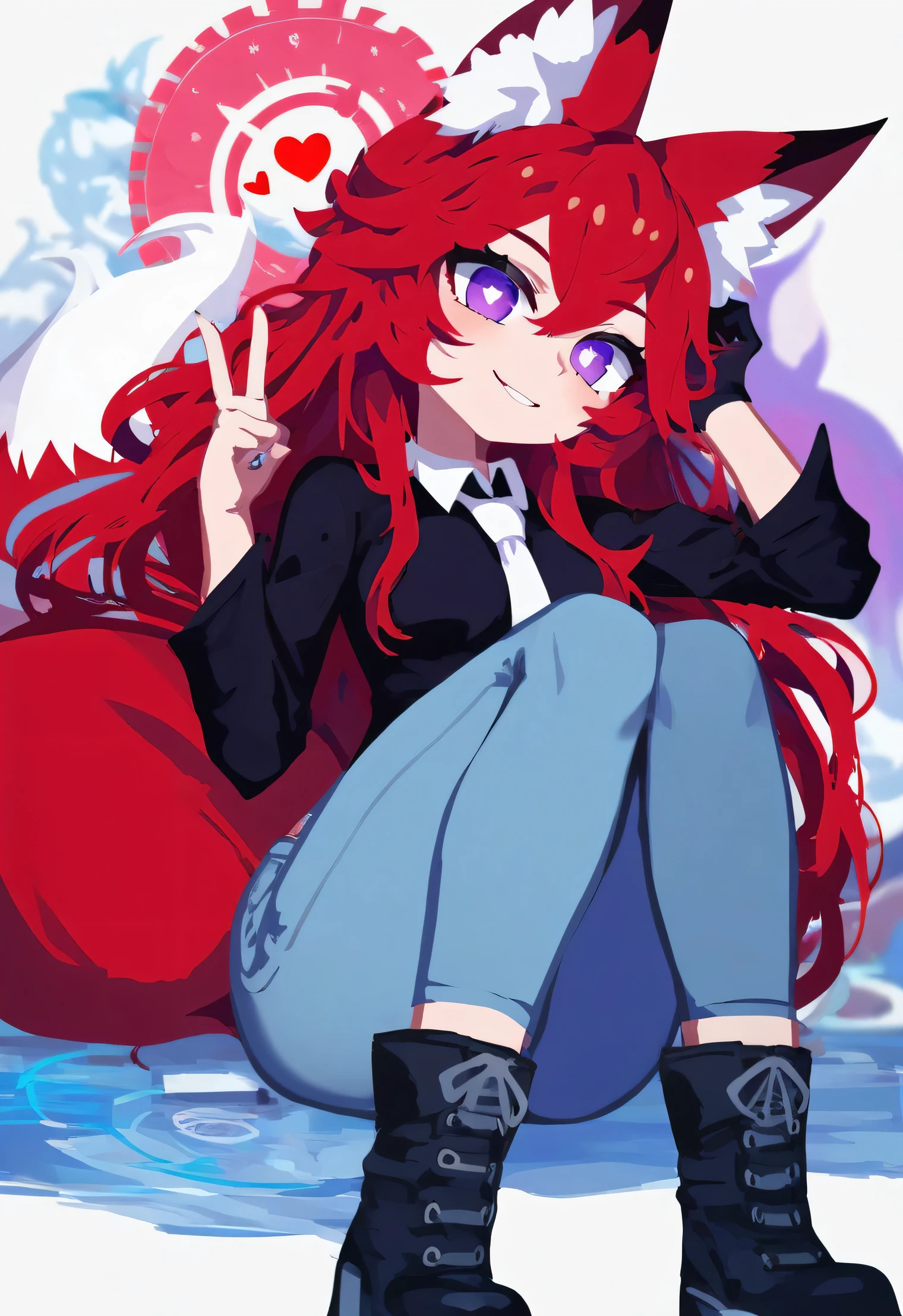  woman with red hair and fox ears , Адоптебл  style,  naked, it's a fox girl ,  anime style character , !! style!!, single character, Full size, [  character design  ], In anime style, hologram, if the fox girl , Mihoyo Art Style , in a black shirt and white tie ,  in grey blue pants and black boots , red fox tail  ,  purple eyes , white pupils hearts , long red long hair  ,beautiful girl sitting