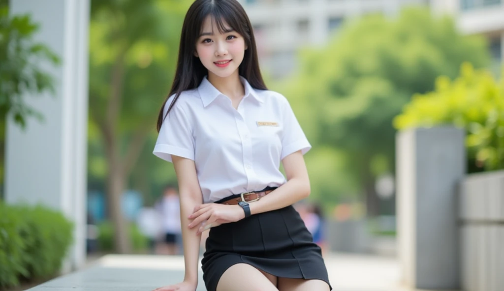 19year girl,Thai girl,cute, beautiful,cute,small Mahalai uniform, morning, smile,fit size clothes,seated,bench,portraits,full_body_portrait,blurry_background,black-hair,bending torso forward,slightly raises legs,side view,pov side,white short sleeve shirt,short black pencil skirt,white short sleeve shirt,short black pencil skirt,white short sleeve shirt,short black pencil skirt,Mahalai uniform,white short sleeve shirt,brown belt,big breast,good shape,sexy,