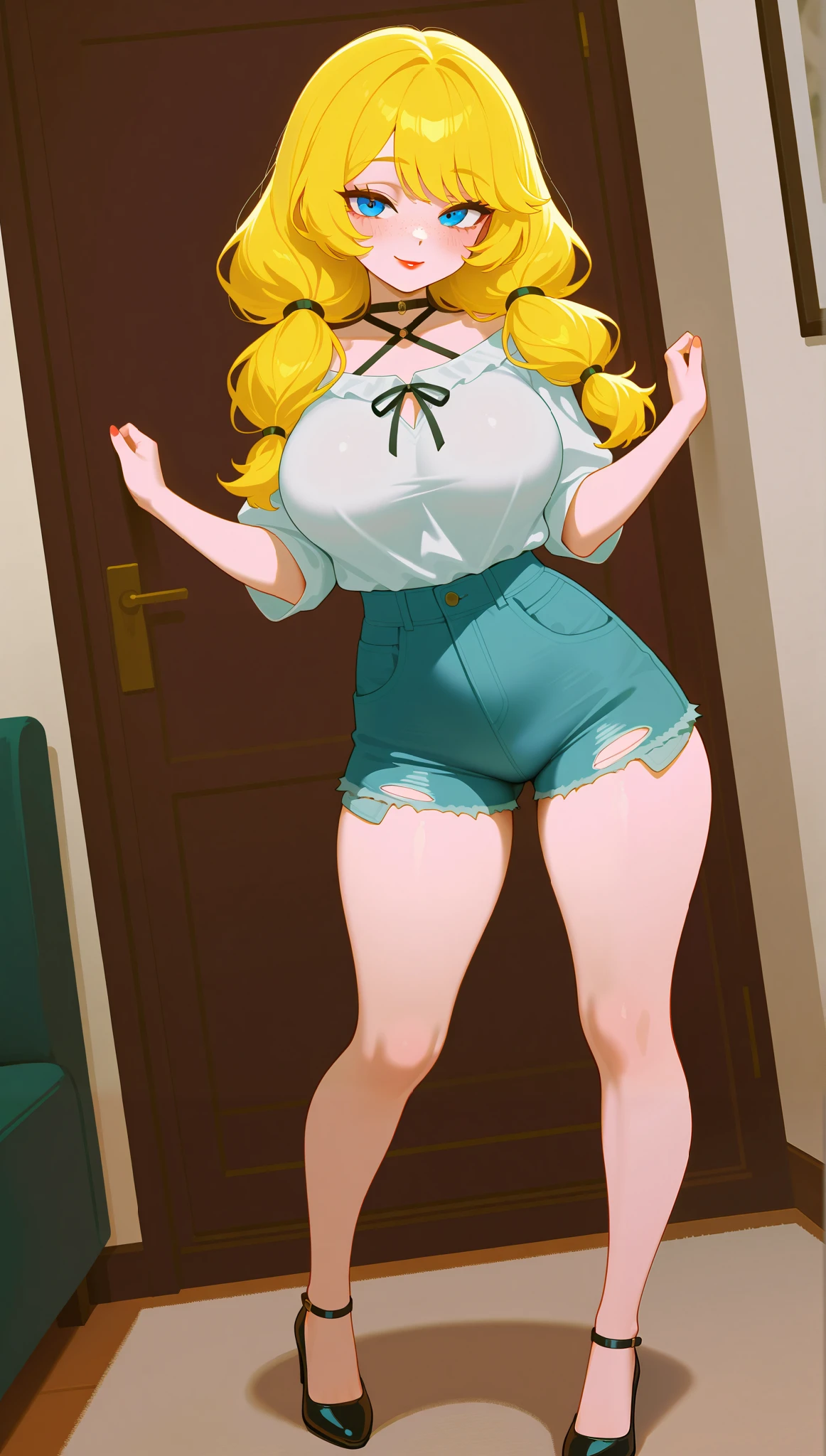  masterpiece, best quality, cinematic lens effect, highly dramatic picture, beautiful eyes , ultra cute, ultra sexy, ultra bouncy , beautifully shaped breasts, ultra detailed, 8k, horny, pervert, dutch angle, medium full length, ((Supermodel)), ((Busty Bitches)), Anime, blush, Beautiful Girl, Blush, freckles, Blonde Hair, Voluminous Pigtails, Long Bangs, Blue Eyes,  Neck Strap Blouse, Ripped Jeans Shorts, All Happy, In Love, Blush, Naughty Look, Red Lips, In the Living room