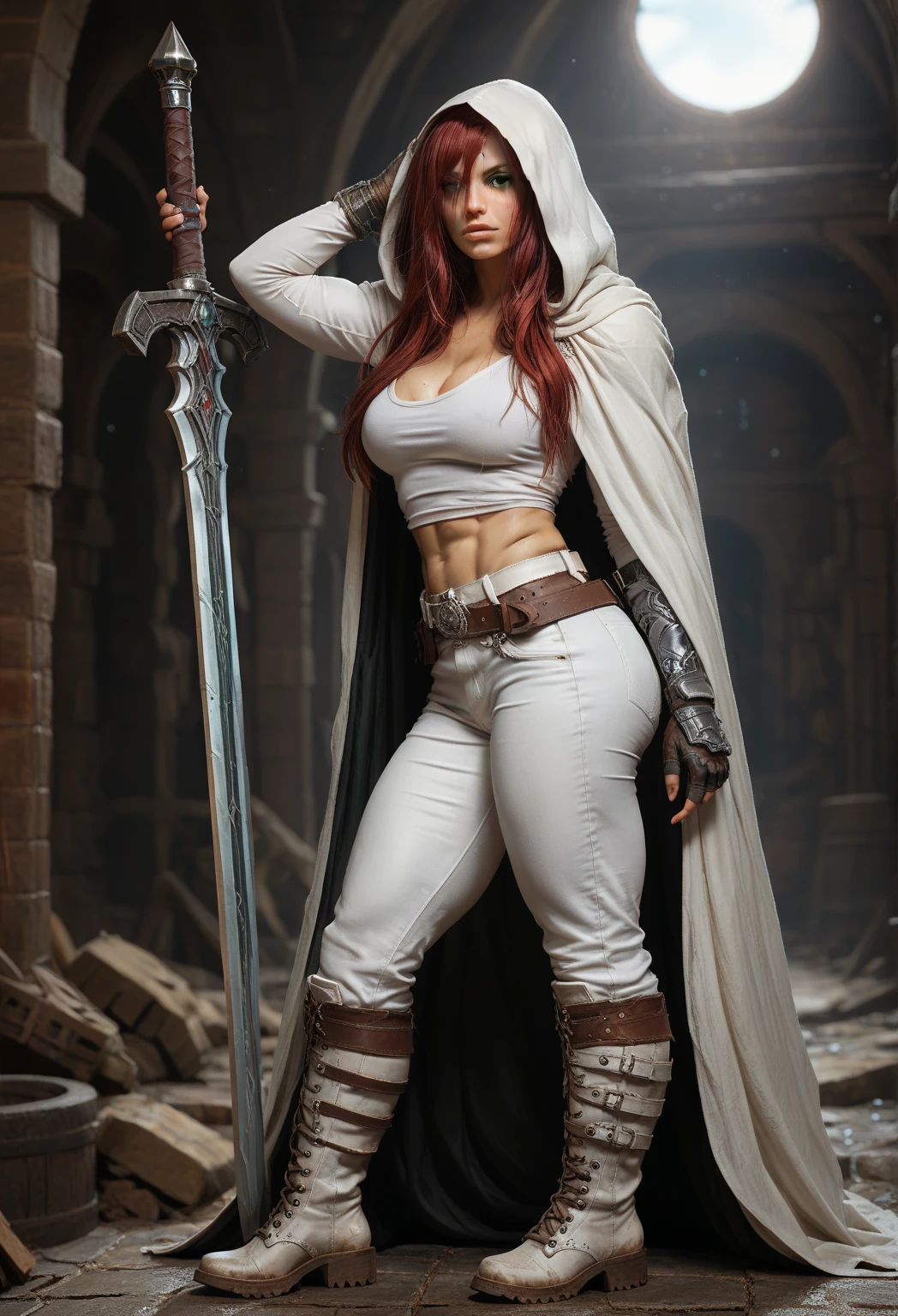 grimdark fantasy, a 2 girl with long spiky red hair and round face with green eyes and strong body with wide hips and big breasts and wearing a tight white t-shirt with cleavage and tight white trousers and short white boots and a white cloak with a greatsword at her back standing in a tavern