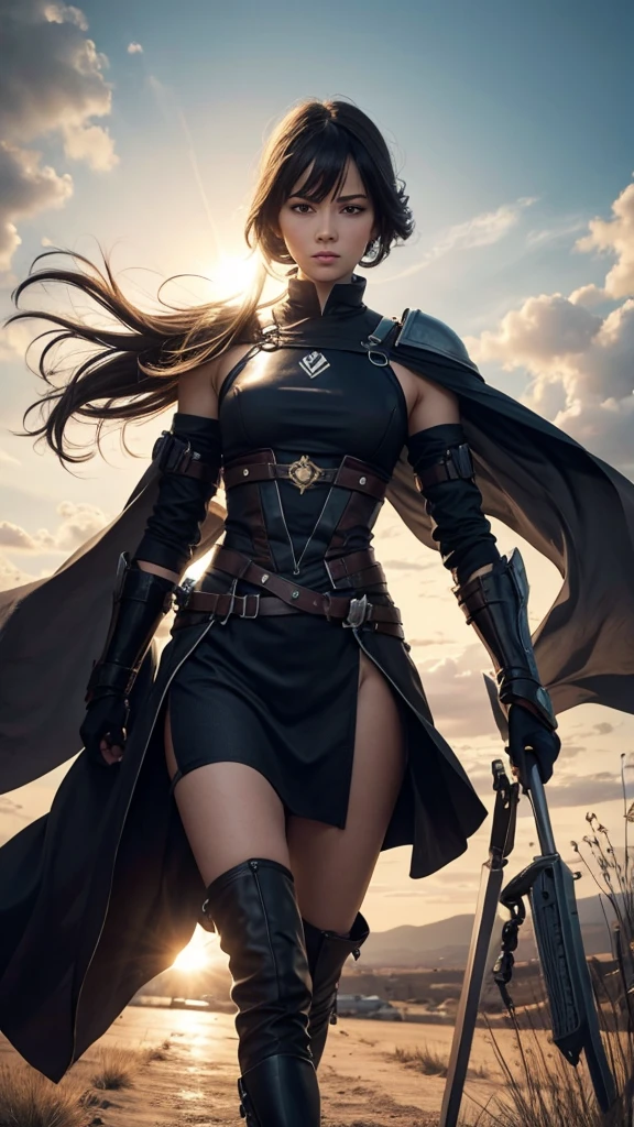 crie uma mulher, 1,78 de altura, medium thighs, medium breasts, pele parda, roupas pretas estilo assasin's creed, , olhos vermelhos, cabelos pretos, golden armlets, some golden lines around the forearms, algumas tatuagens tribais em volta das coxas, holding a glowing battle ax in his hands, olhando para mim com olhar timido, background lua cheia a noite obra prima, qualidade impecavel, HDR, cinematica, Ray Tracing