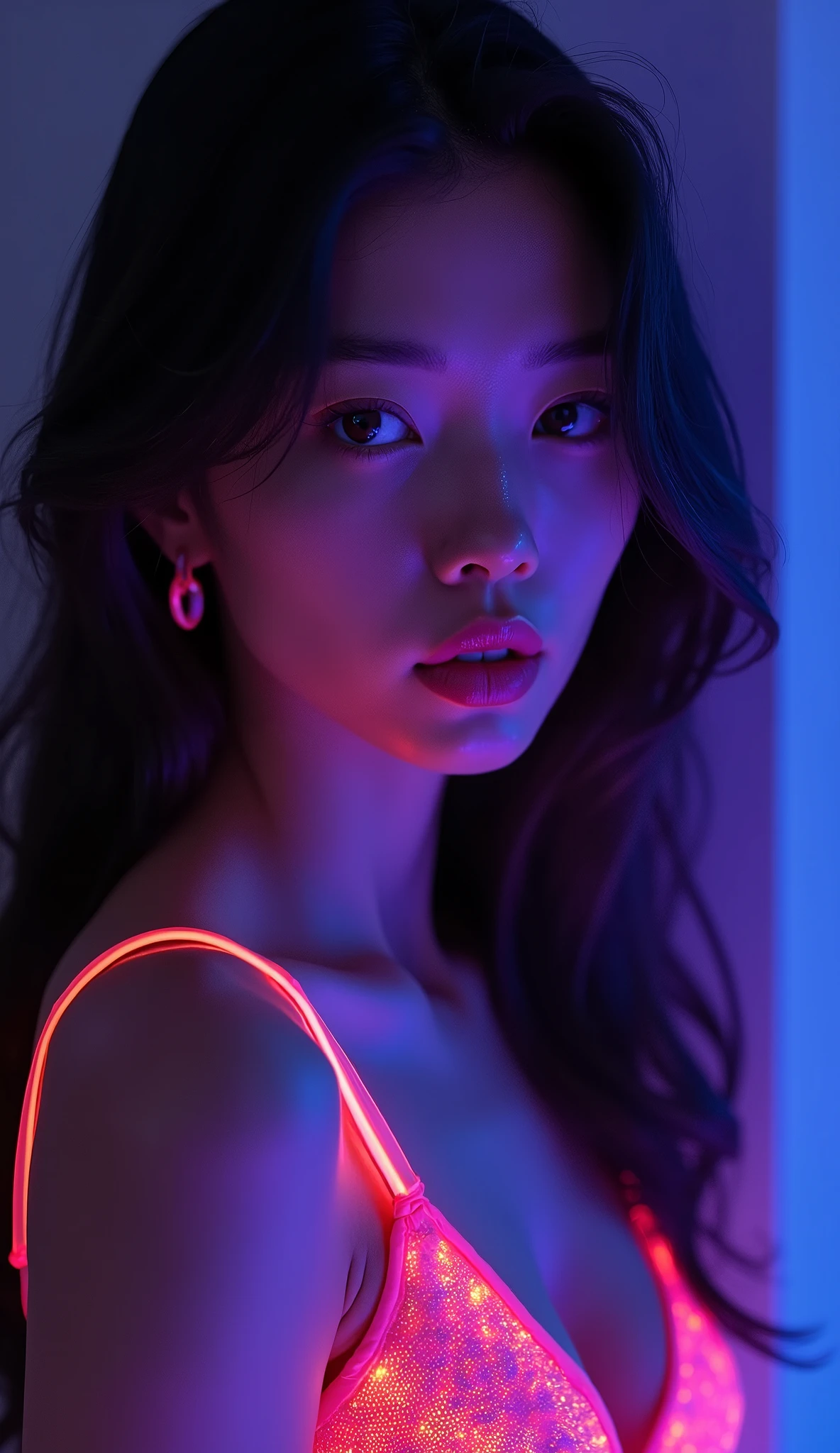 ((portrait of a girl in the dark, ultraviolet light on her body:1.4)), Realistic (photorealistic Realism 16K Quality), (high resolution detailed), (ultra realistic details digital art), (best quality), (realistic texture details: velvety skin, hair), (1girl: 1.3, 22 years), A very beautiful and cute Woman, perfect face, perfect symmetrically eyes, perfect lips, flexible female form, Underexpose Lighting, slim body, (discret smile, gentle expression),perfect eyes (intricately details realistic brown_eyes:1.3), ((finaly detailed round pupils)), detailed lips:1.3, (pink_lipstick:1.35), ((perfect dark_eyeshadows:1.4)), (Detailed nose:1.2), (Beautiful long legs in good style:1.), (narow waist: 1.25), (no bra,no panties:1.3), (firm and full breasts), medium butt, beautiful cheekbones, (slim belly: 1.2), (slim, muscular body: 1.15), ((creative uv portrait glowin art painting:1.33)), ((fluorescent Micro ribbon Sling swimsuit printed on her skin: 1.4)), ((fluorescent paint whole body:1.4)), ((A model shows off glowing body paint(tanktop, Micro ribbon Sling swimsuit: 1.37), (Micro Slingshot swimsuit, made off printed ribbon:1.36)), ((Beautiful girl with long legs and good style:1.2)), ((firm and full breasts:1.35)), (dynamic pose:1.25),((no_Pantise)),(Erotic:1.33), (((cowboy shot))), ((body painting art oil paint:1.5)),