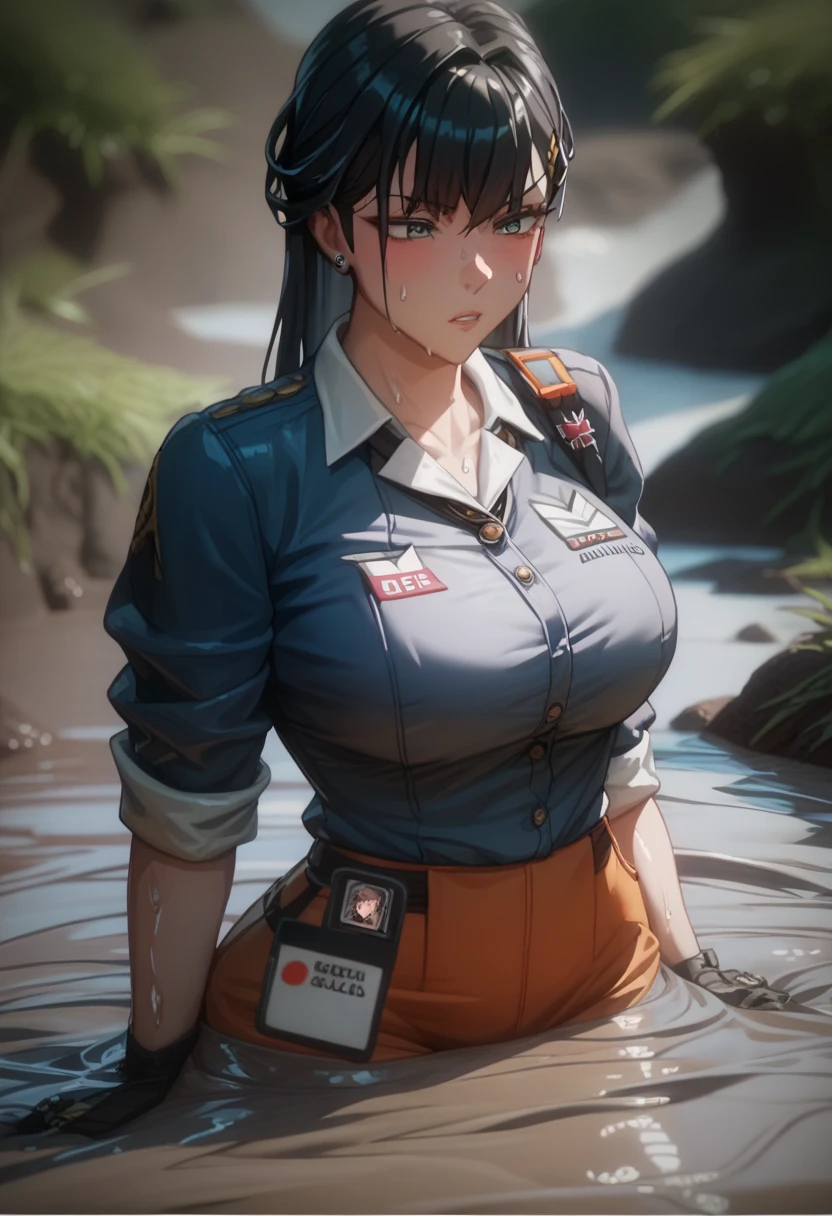 female 1 person,Marciana ( goddess of victory :nod),dark blue shirt with rolled up sleeves ,, black hair,,recording, standing,sweat,底なしSwamp,Swamp,Quick sand,Be buried(Up to the shoulders)