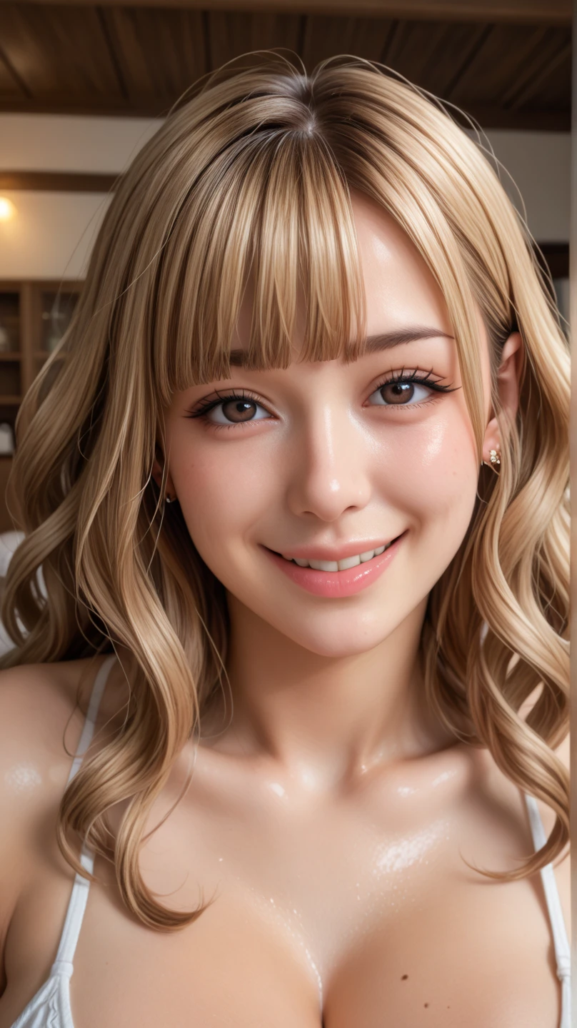 (RAW Photos,Realistic, Photorealistic: 1.4, masterpiece, highest quality), 8k, 1. Beautiful Japanese Women, alone, 16years old, Cute Smile, Large Breasts, Beautifully detailed round eyes, Droopy Eyes 1.4, Blonde Hair,, (Highly detailed face and skin texture), Dark Skin,,, whole body, (View your viewers:1.4)、Baby Face、slender、Gal Makeup