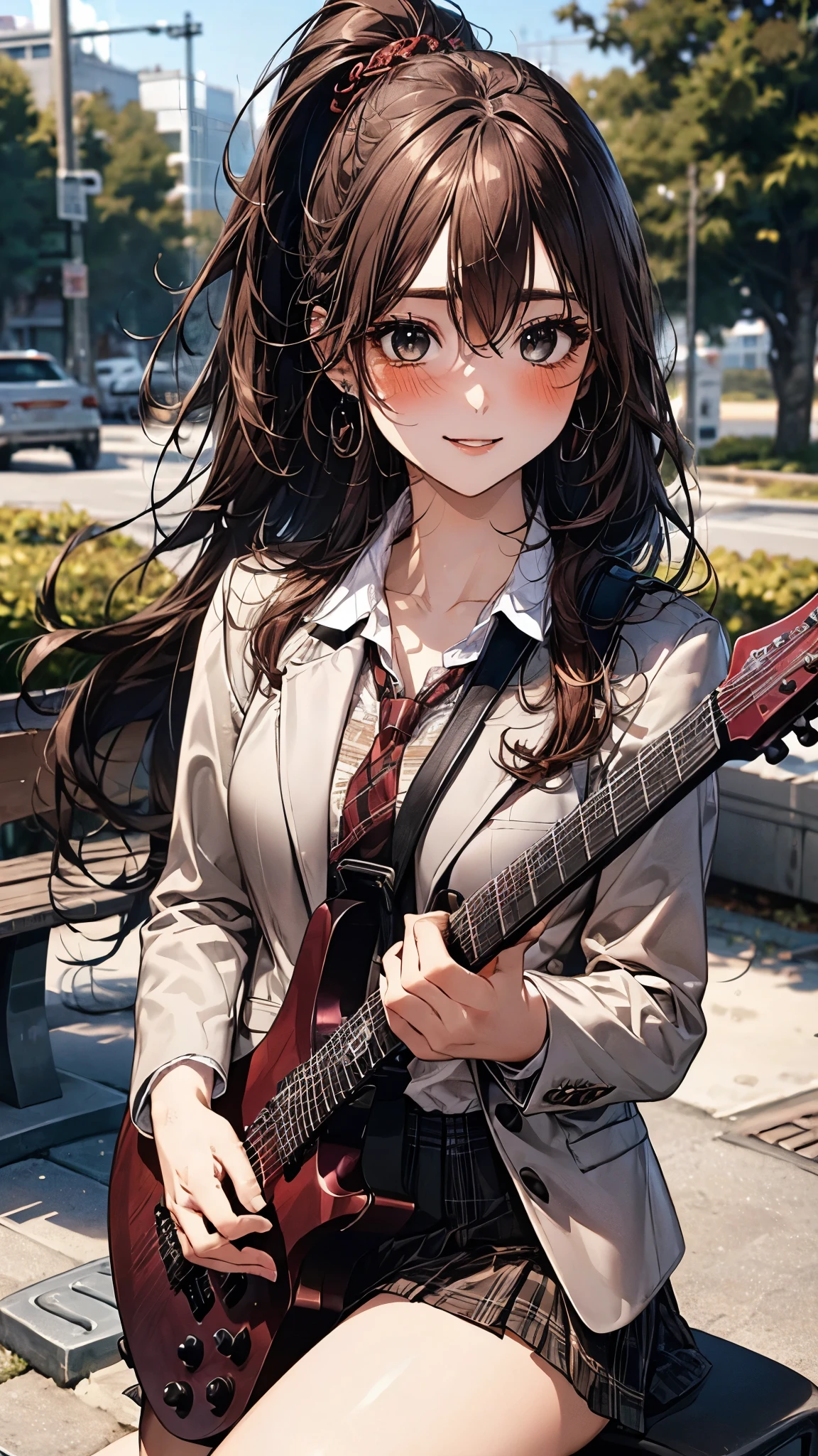 (girl sitting on a park bench playing a red solaratype1452), 
(masterpiece:1.3, top-quality, ultra high res, ultra detailed), (realistic, photorealistic:1.3), beautiful illustration, perfect lighting, natural lighting, colorful, depth of fields, 2024s,
beautiful detailed hair, beautiful detailed face, beautiful detailed eyes, beautiful clavicle, beautiful body, beautiful chest, beautiful thigh, beautiful legs, beautiful fingers, shiny skin, 
looking at viewer, (face focus, upper body), 1 girl, high school girl, (perfect anatomy, anatomically correct, super detailed skin), cute and symmetrical face, perfect face, perfect eyes, tiny, face, cute:1.2, 
(long hair, ponytail, brown hair), hair between eyes, grey eyes, big eyes, long eyelashes, (medium breasts, thin waist, seductive thighs), slender, 
(detailed cloth texture), break (earrings, school uniform, striped necktie, brown necktie, collared shirt, grey jacket, blazer, long sleeves, plaid skirt, pleated skirt, brown skirt), break 
(beautiful scenery), autumn, evening, (park:1.2, bench, outdoors), sitting bench, ((guitar, holding guitar)), (cute smile, shy, blush, parted lips),