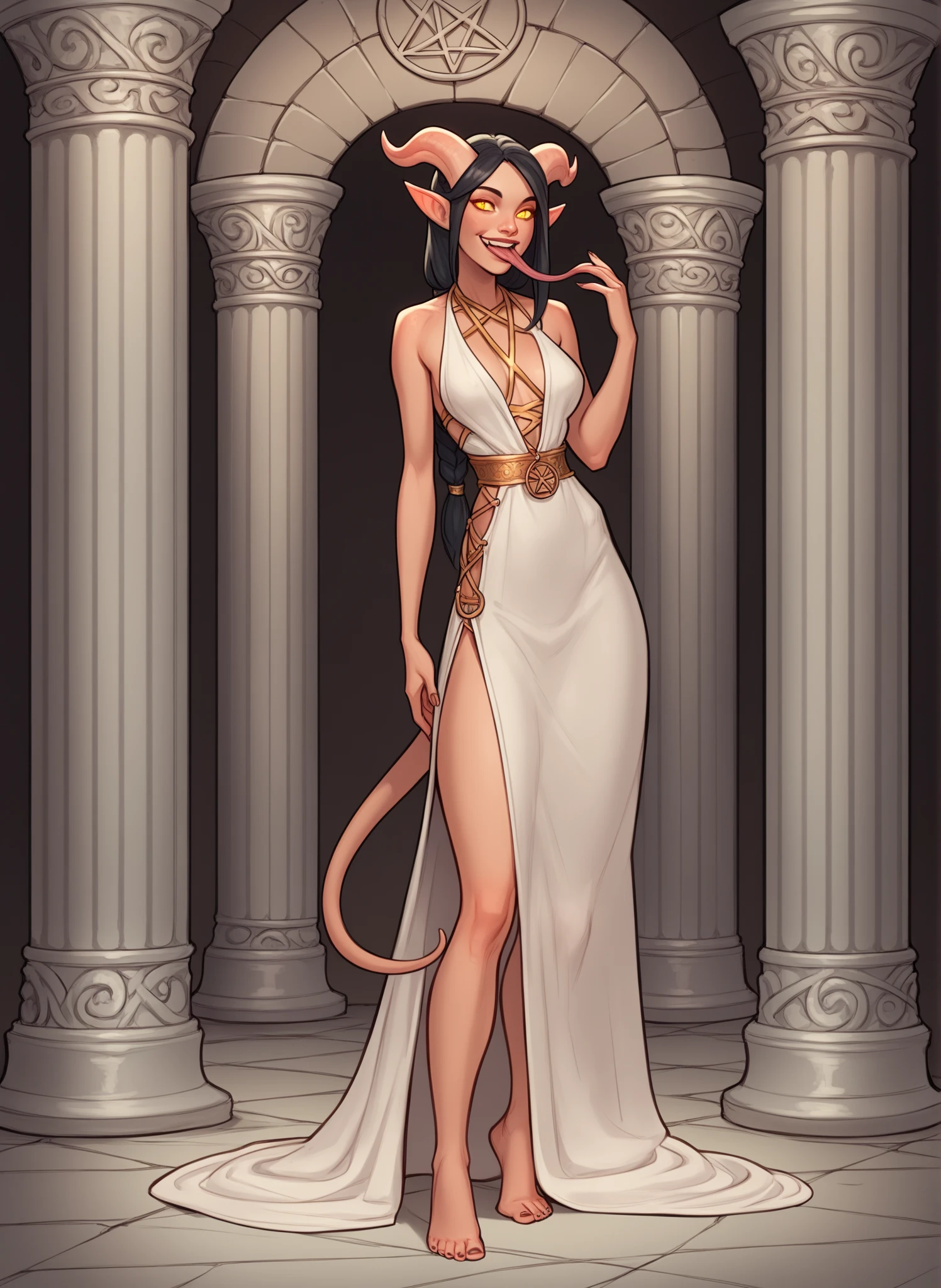 1, female, alone,
looking at viewer, smile, standing, full body, whole body,
black hair, golden eyes, tiefling girl, humanoid, sticking out tongue, slit pacimails, long tongue, prehensile tongue,
celtic runes, circle with pentagram, peasant dress, column, crypt,