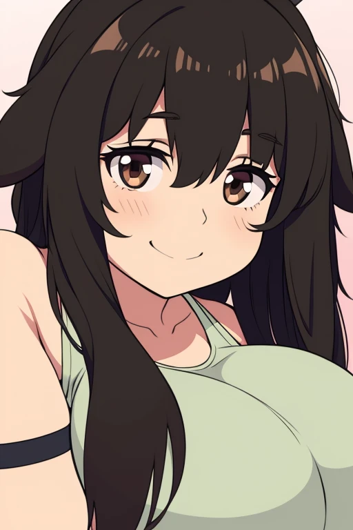 Chubby girl with big breasts black hair brown eyes happy long messy hair smiling jinako carigiri dog ears