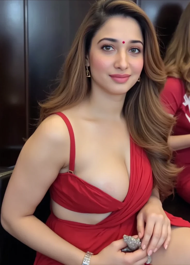 photo of hourglass figure Mature Indian raashi khanna  , wearing saree showing her large U cut Cleavage and navel wupt her waist and hip, Red Sindoor on her forehead, , long silky hair, nice curves, sitting on her bed , sensual, erotic, showing her navel and cleavage part of her nipples is seen