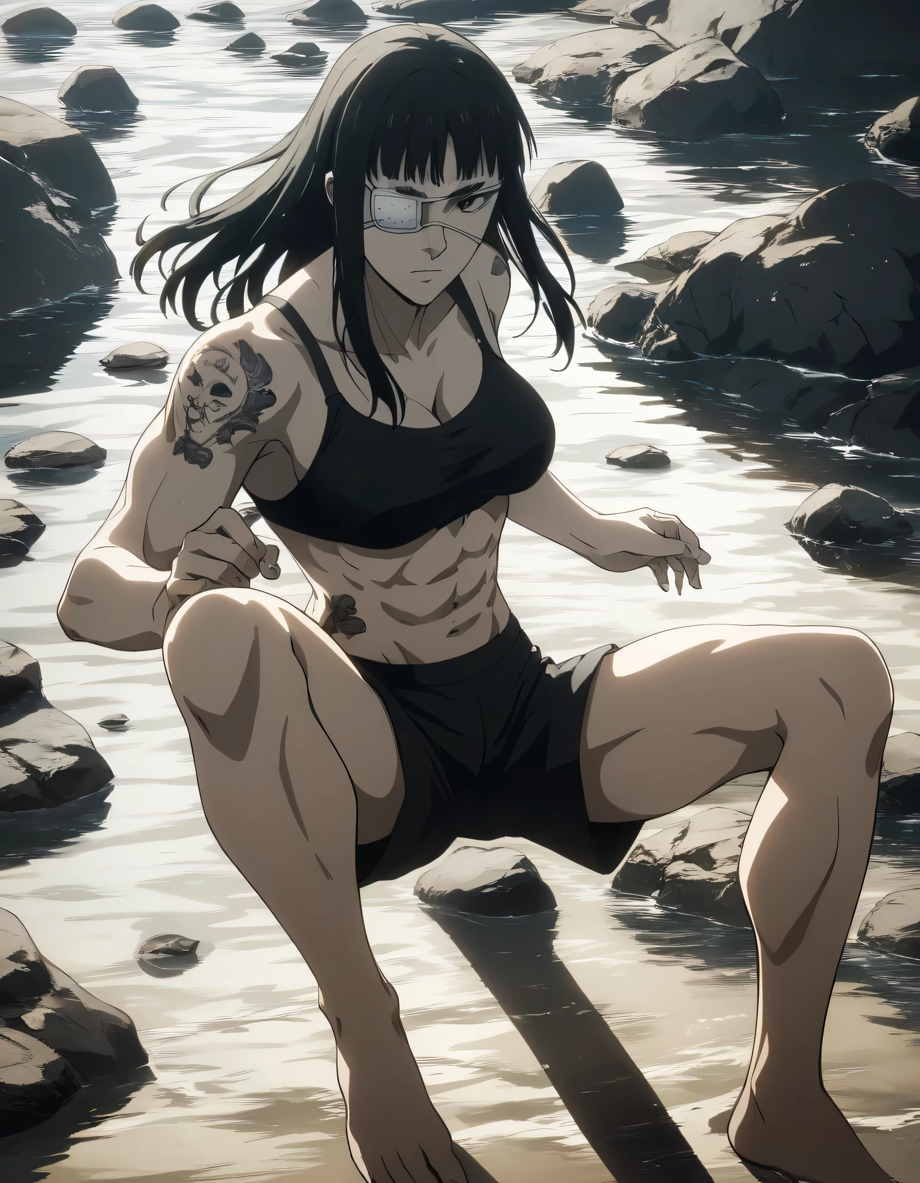 score_9, score_8_up, score_7_up,score_6_up,high resolution,source_anime,s0fiavalm3t,1girl,eyepatch,black hair,long hair,,water,rocks,volumetric lighting,rim lighting,dof,dramatic shadow,full body,dynamic pose,looking at viewer,pov,suspended in air, tattoos on shoulder,wearing sport bra,black sport shorts,Barefoot,training hard,Parkour,sporting attraction,too white skin color