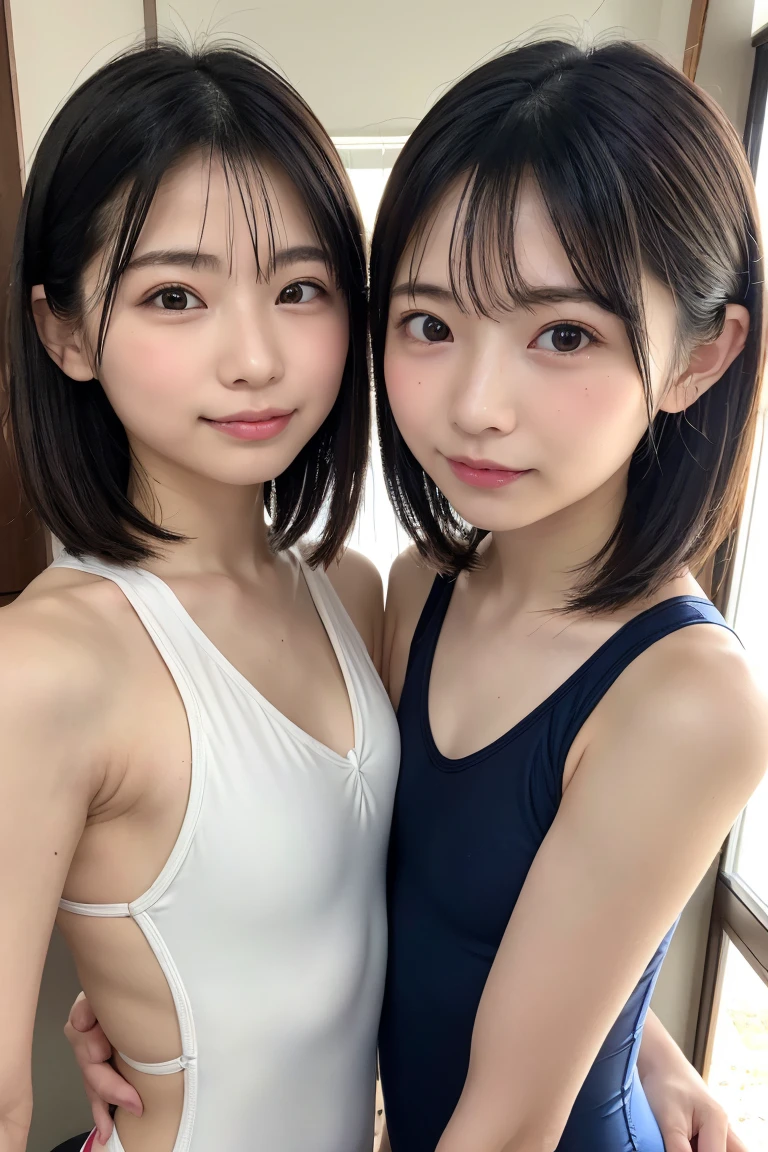 Two girls standing at ear window in school classroom,White dress,break,bangs,smile,Short hair with low pigtails,from before,Front light,(( 、slender、delicate、Sexy clavicle and flat chest、Very small breasts))、My whole body is soaked、White dressが濡れて透けている