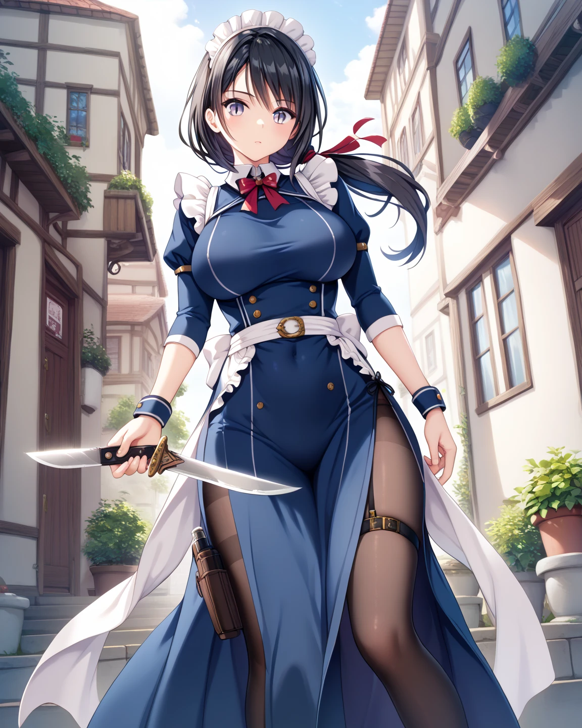  Masterpiece, One Assassin, Maid Chief ,　Short sword in hand :1.5 ,(( navy blue fabric accented with white fabric on the collar and hem, making it plain and less revealing:1.4)),(( tight long skirt with slits :1.4)), Long Sleeve ,White salon apron ,(( black garter belt and black knee-high tights:1.2)),Height: 170cm, beautiful body line ,Big Breasts,(( black hair, low ponytail:1.4)),, Beautiful, and Cool Faced Woman with Light Purple Eyes, beautiful model standing, viewed from oblique front,((Knife inserted into a leg holster visible through a slit:1.4))