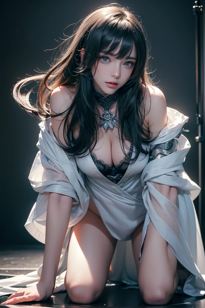 (Japanese idol, 1 girl, unparalleled beauty, look away, small face, perfect style, Body based on human mechanics, Raw photo, real person:1.4) photograph, (professional lighting), (((highly detailed eyes and face))), ((double eyelids)), (Tits sharp focus:1.4), (brown hair, ponytail, elegant light makeup, eyeliner, mascara:1.4), huge , shiny skin, 20-year-old, ((slim body, slender)), (Wrap a fur scarf around your neck, Completely naked, Hu in bed, spread legs, Beautiful leg lines, Tifa Lockhart lookalike:1.4), attractive face, NSFW, ,