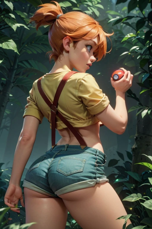 ((Misty)), (best qualityer), (great lighting), (Masterpiece artwork), (upper details), (whole body), (fully body), back shot of 1 beautiful girl, スクワッティング,  (short orange hair tied to the side), blue colored eyes, (body skinny), breasts small, big-ass, visible butt, small yellow shirt, (shirt too small), (red suspenders falling over the shoulder), very short denim shorts, (part of the butt visible), (pokeball) ,forest background, (fine strokes), cinematic, 