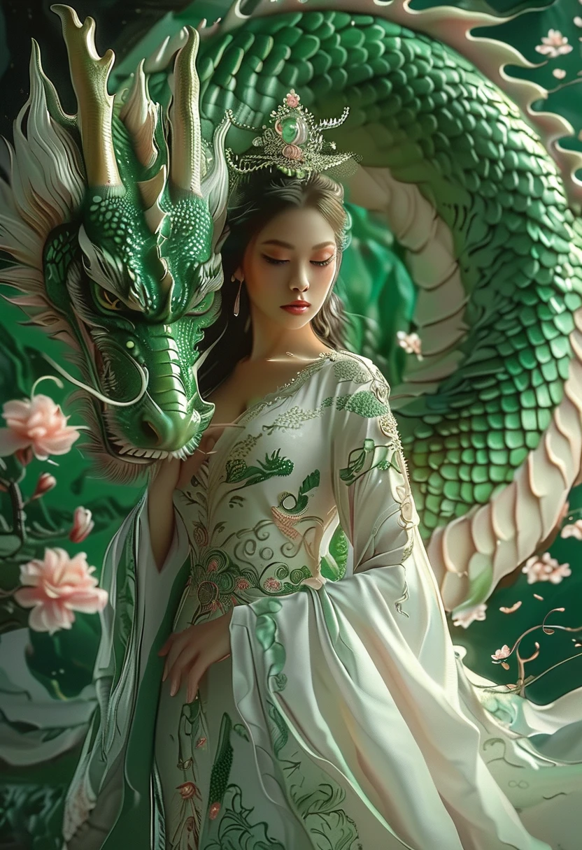 A serene scene where a woman, adorned in a traditional green and white dress, stands gracefully beside a majestic green dragon. The woman wears an ornate headpiece and holds a delicate object in her hand. The dragon, with its intricate scales and fierce yet calm expression, wraps around her, creating a protective and harmonious bond between them. The backdrop is dark, with subtle lighting highlighting the dragon and the woman, and there are floating pink flowers adding to the ethereal atmosphere.,xxmixgirl