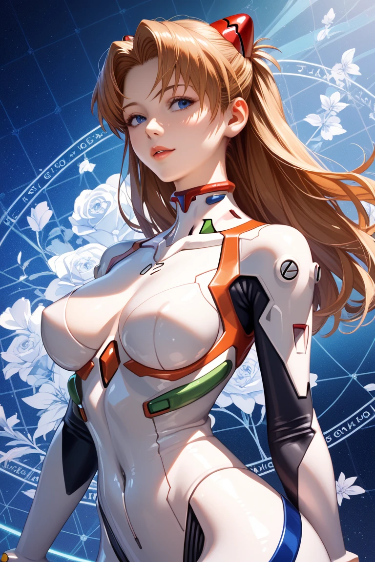 A anime girl,full hd, masterpieces, style hair, multi colour, baby face,big eye,wear white tight bodysuit, giant breasts, garden background