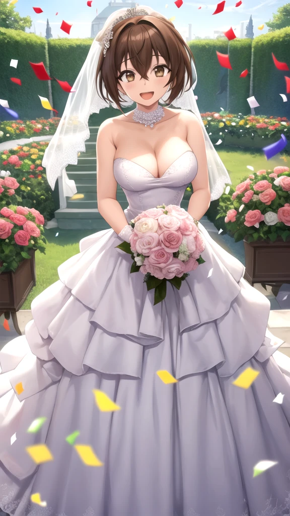 masterpiece, best quality, high quality, girl, solo, looking at viewer, issei_hyoudou, brown hair, brown eyes, hair between eyes, large breasts, wedding Dress, standing, garden, confetti, holding bouquet, smile, open mouth,