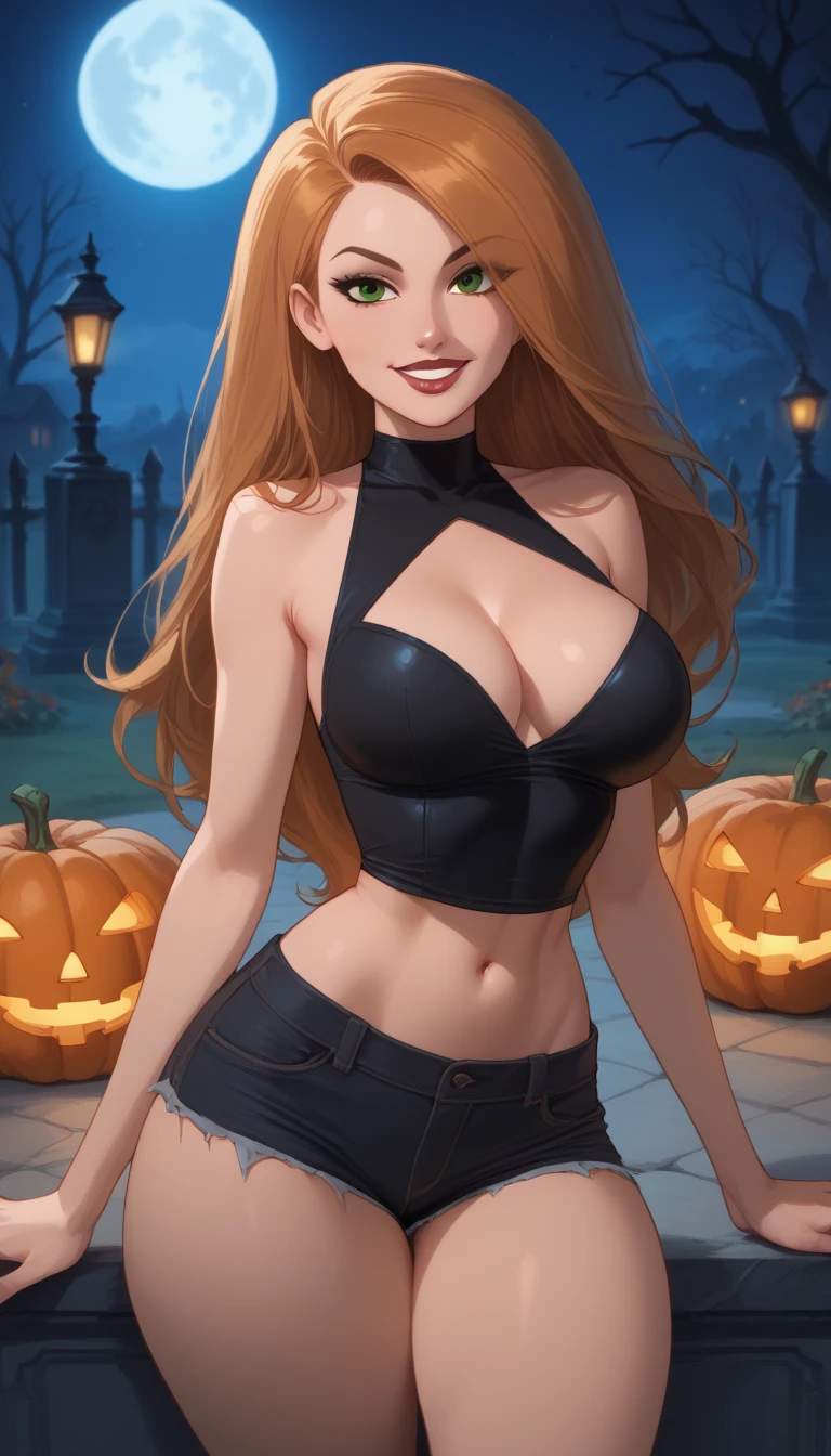 perfeita , kim possible, free sexy  , free sexy ,  long hair,  green eyes, smile,,  thick thighs  ,Dynamic pose,  hands in front of the body ,  flexed knees ,smile,  Big breasts  ,  vibrant colors,cemetery background ,,    lipstick and lip gloss costume ,very sexy, detailed hair ,  detailed eye   , Halloween 