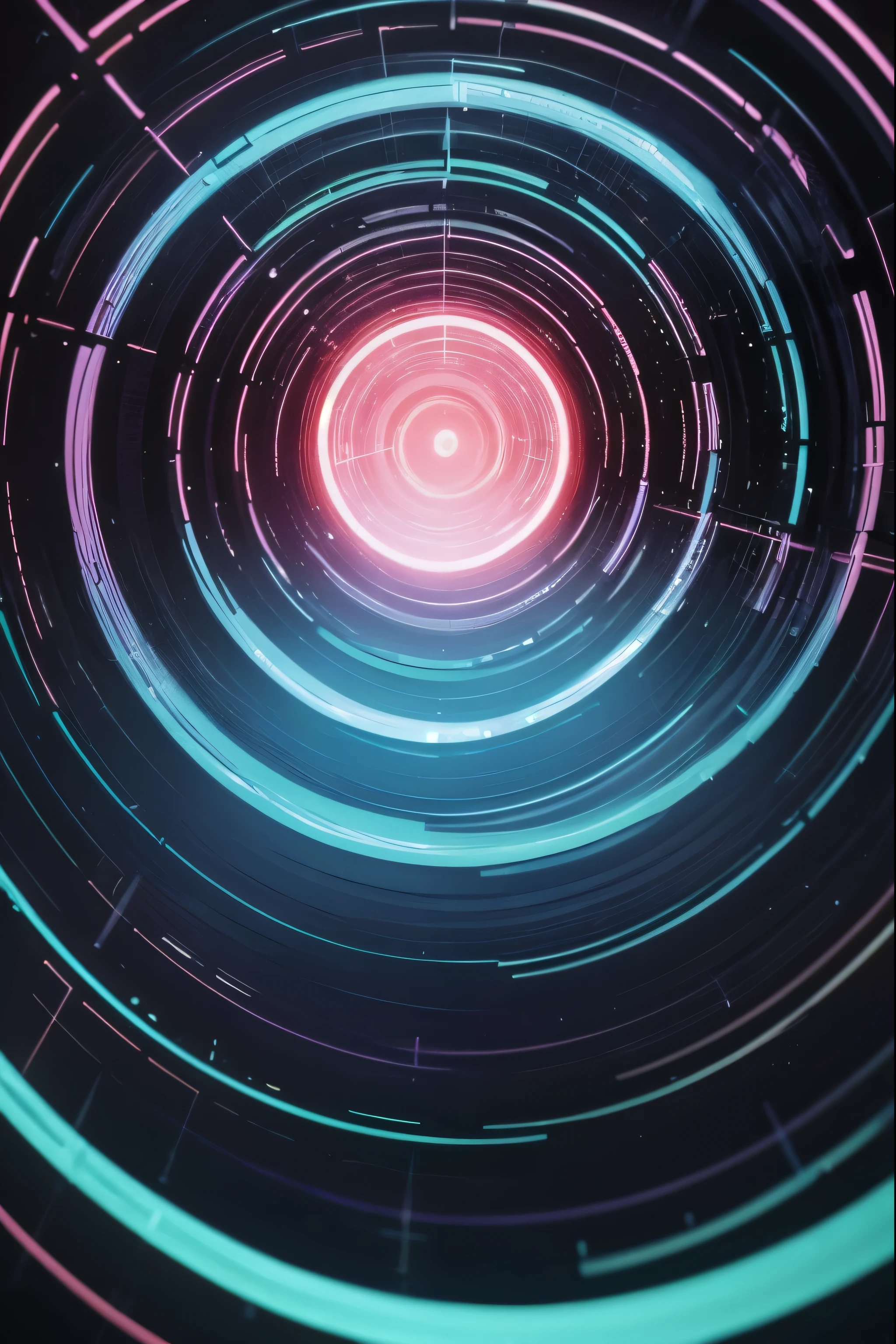 Concentric circles of neon light in blue and pink tones, forming an abstract tunnel