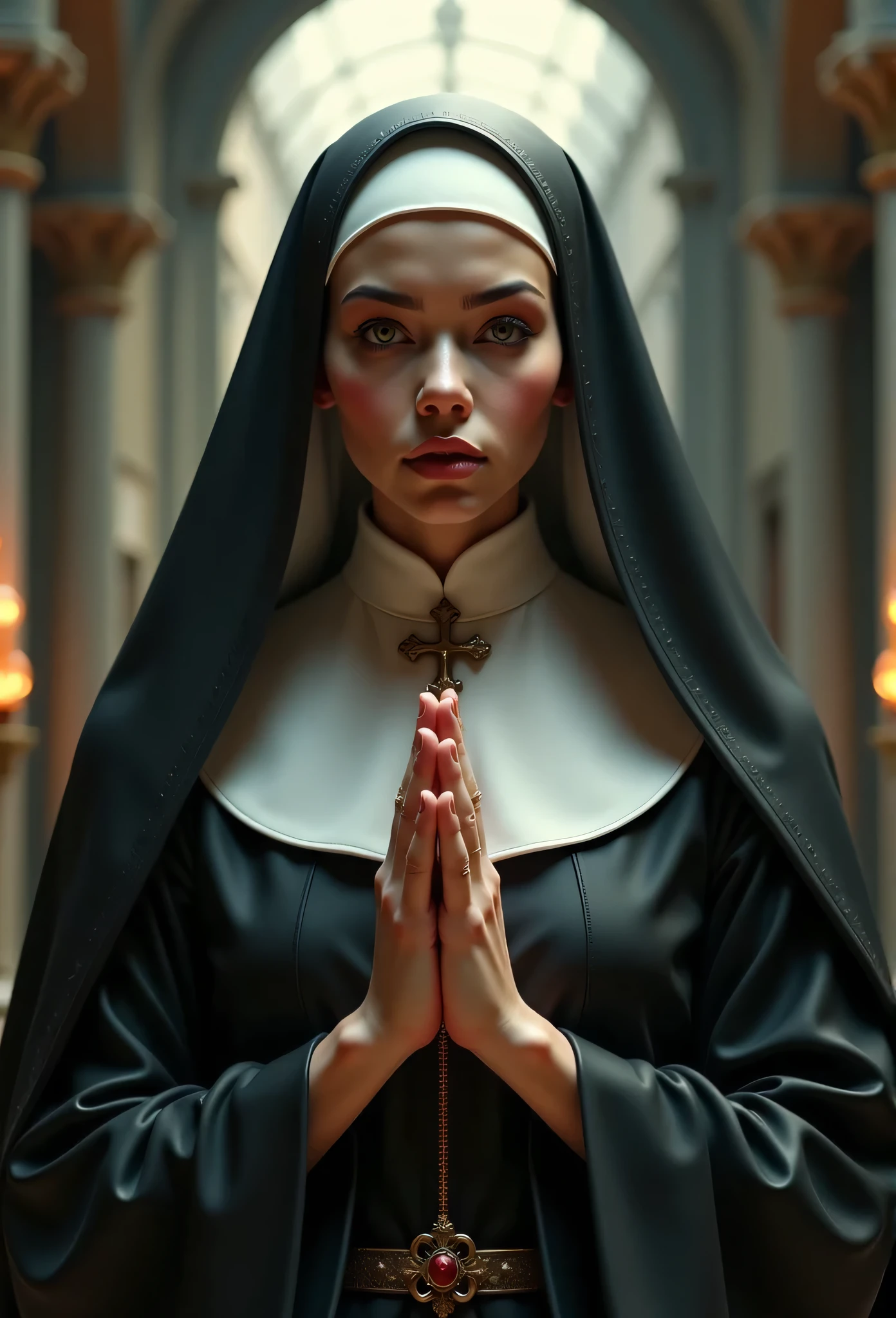 photo realistic image of a beautiful Nun in consecration time, decorated with cross, innocent, serene and glorious nuance, dramatic lights, shining light behind her head, locking fingers in prayer stance