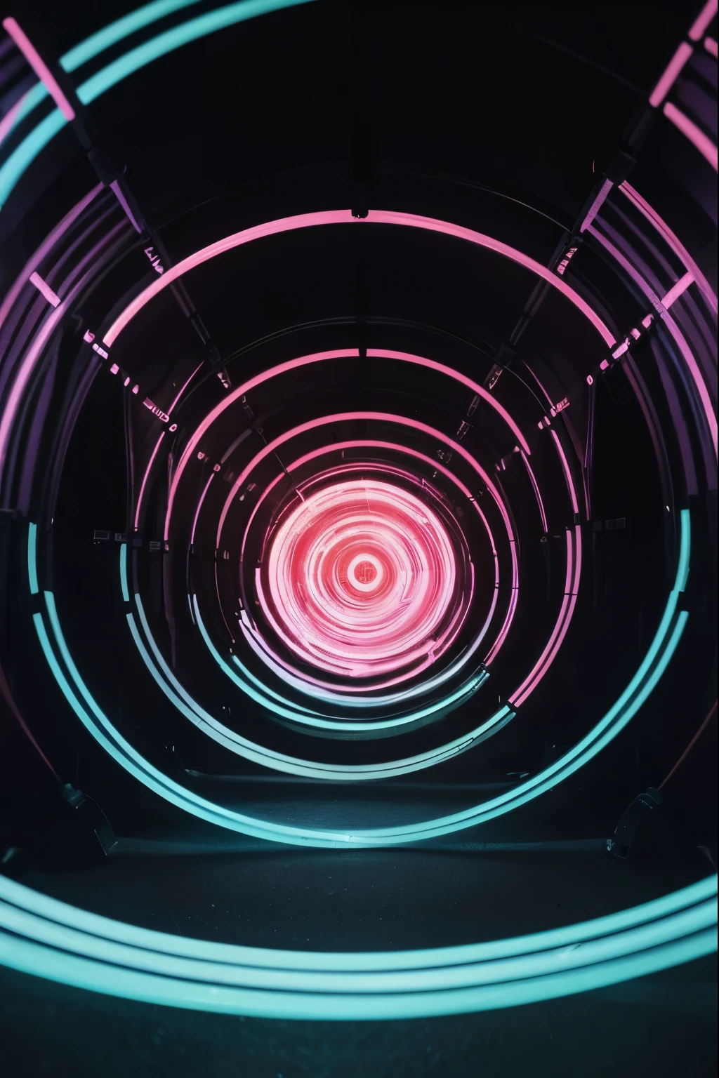 Concentric circles of neon light in blue and pink tones, forming an abstract tunnel