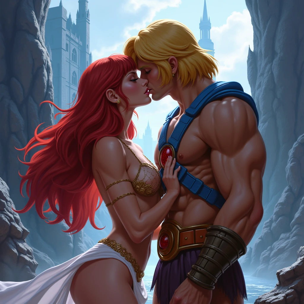 full body view astunning sexy and hot she-ra character kissing he-man, grayskull castle in background