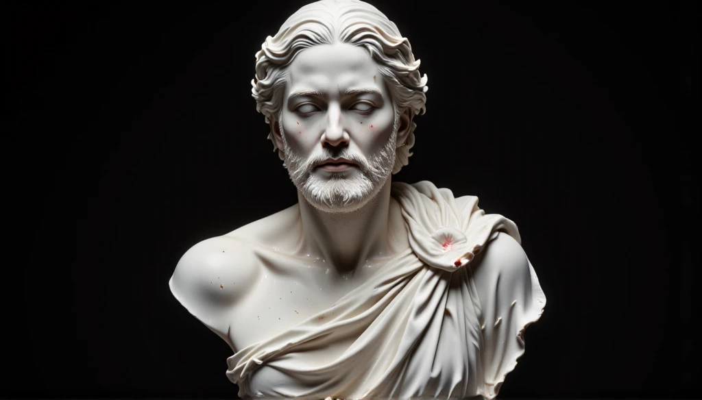 Stoicism statue, complete with moderate muscle detail, bearded, stands against an ancient Greek-themed backdrop or stark black background, marble texture, chiseled features, standing pose, contemplative expression, stoic philosophy embodied, draped robe, balance of light and shadow, ultra realistic, digital painting.