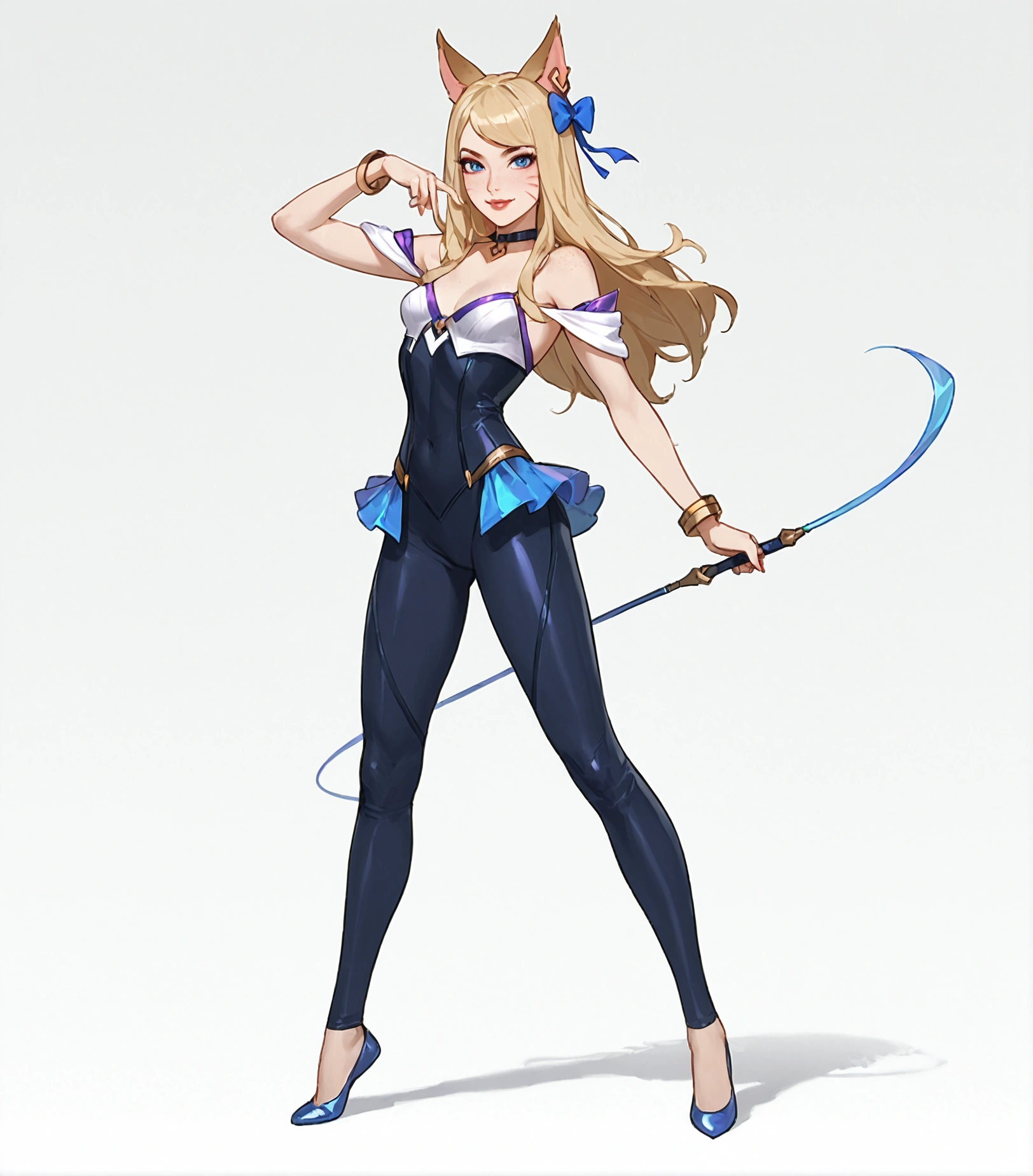 ((full body shot, standing, feet on the ground))  KDA Ahri LoL PD, ((character design sheet)), masterpiece, best quality, highly detailed, score_9, score_8_up, score_7_up, score_6_up, anime font,BREAK , 2girl, long hair, blue eyes, flower, hair bow, small breasts, bow, looking at viewer, freckles, parted lips, smile, full body, red lips, lips, leather ballet slippers, side front, she looks at you, your gauze hurts, fishnets, white background, neutral cast, dance pose
