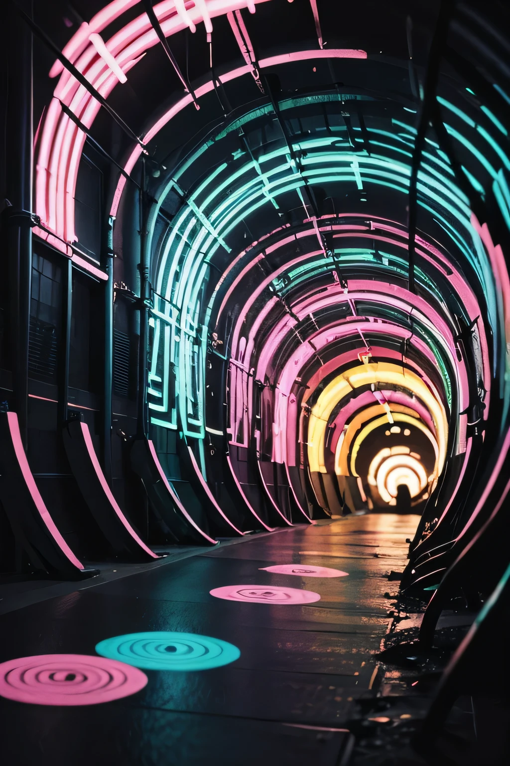 Concentric circles of neon light in blue and pink tones, forming an abstract tunnel