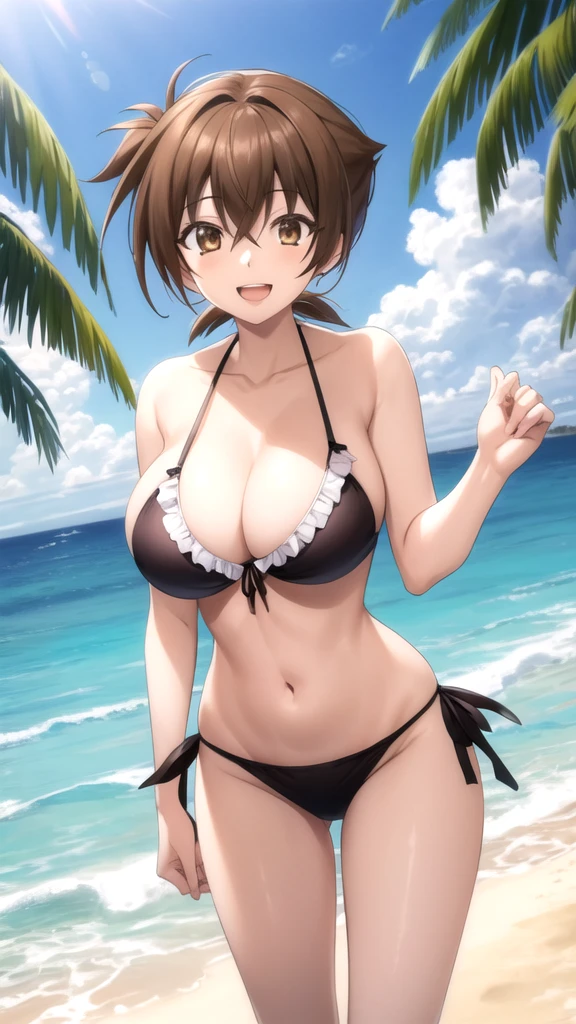 masterpiece, best quality, high quality, girl, solo, looking at viewer, issei_hyoudou, brown hair, brown eyes, hair between eyes, large breasts, frilled bikini, beach, standing, smile, open mouth,