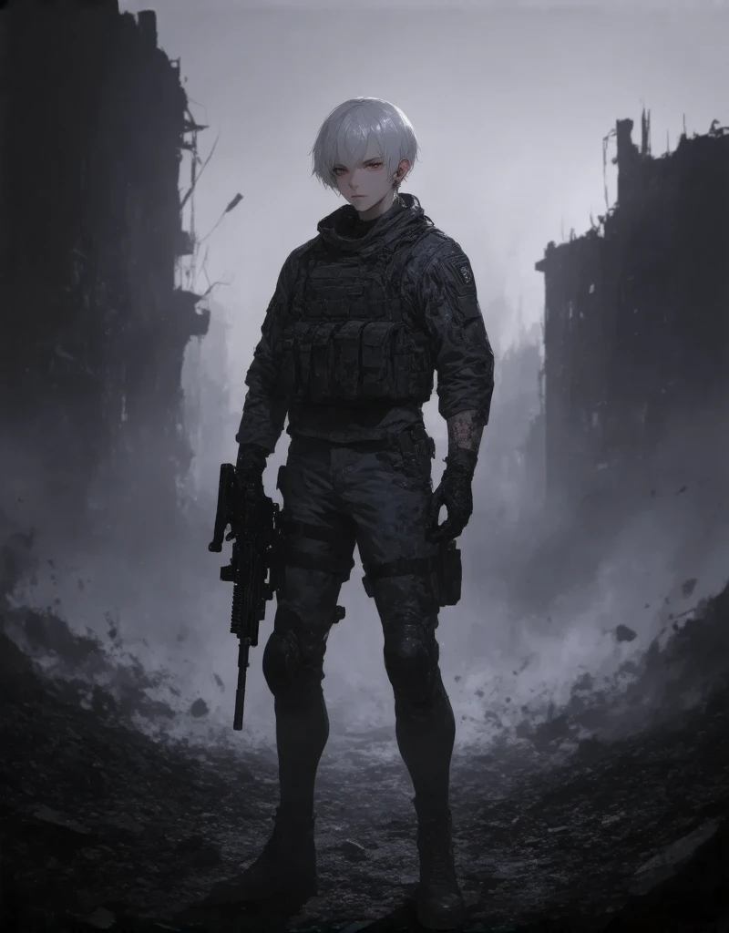 (masterpiece:1.2,Exceptional Quality,Mirror-like,Cinematic Experience), hand drawn illustration, creative anime, kawaii anime, flat anime, A lone boy soldier stands amidst the ruins of a dystopian city, his battle-worn face illuminated by the pale, fractured light seeping through a sky choked with smoke and ash. His piercing gaze and resolute expression reveal a fierce determination as he readies her weapon for what may be he last stand. She wears weathered tactical armor, scraped and scarred from countless fights, and her gloved hands grip a rugged, advanced rifle, steady despite the devastation around him. Shattered buildings, abandoned vehicles, and twisted metal surround her, creating a chaotic backdrop, with the remnants of civilization scattered in broken symmetry. The scene is bleak, yet the soldier's silhouette stands strong against the desolation, a final spark of defiance and resilience as the dim, cold light casts a haunting glow across her determined face. Smoke, dust, and debris swirl in the air, adding a dramatic, intense ambiance to this ultimate stand in the remnants of a fallen world
