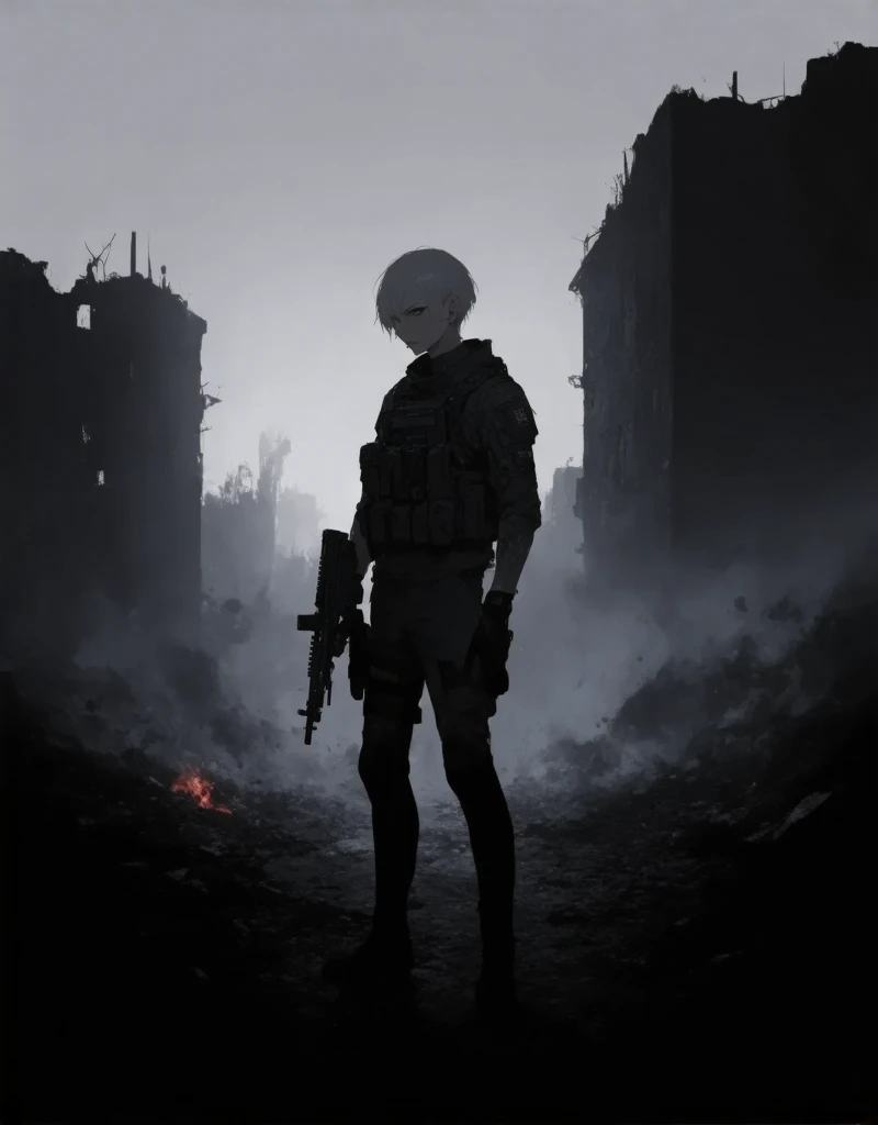 (masterpiece:1.2,Exceptional Quality,Mirror-like,Cinematic Experience), hand drawn illustration, creative anime, kawaii anime, flat anime, A lone boy soldier stands amidst the ruins of a dystopian city, his battle-worn face illuminated by the pale, fractured light seeping through a sky choked with smoke and ash. His piercing gaze and resolute expression reveal a fierce determination as he readies her weapon for what may be he last stand. She wears weathered tactical armor, scraped and scarred from countless fights, and her gloved hands grip a rugged, advanced rifle, steady despite the devastation around him. Shattered buildings, abandoned vehicles, and twisted metal surround her, creating a chaotic backdrop, with the remnants of civilization scattered in broken symmetry. The scene is bleak, yet the soldier's silhouette stands strong against the desolation, a final spark of defiance and resilience as the dim, cold light casts a haunting glow across her determined face. Smoke, dust, and debris swirl in the air, adding a dramatic, intense ambiance to this ultimate stand in the remnants of a fallen world
