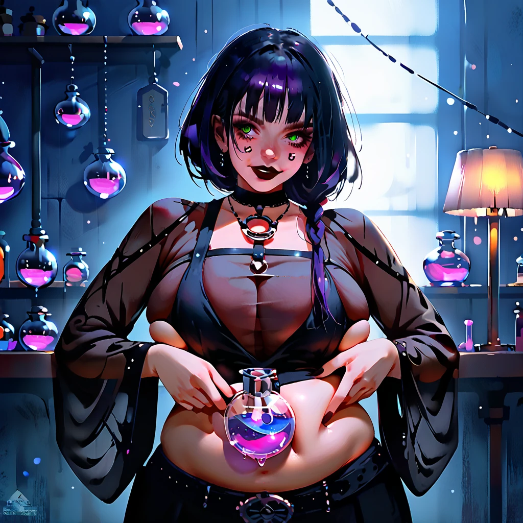 By wlop, one goth girl, (), g4n1m3, tight belt, ((drinking greedily, cheeks full of potion)), (()). ((Drinking a fattening potion)) (resting on her own belly) (in a bedroom) big smile, sagging breasts,,((covered breasts)) undressing, strip tease, teasing, wearing a nude dress, see through dress ((volumetric and specular lighting)), ((skinny girl with a swollen belly)), (fat face), inflated belly (((hand on the front of her belly)))