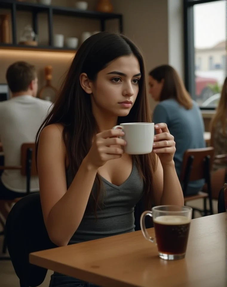 a girl sitting in a restaurant and drinking a coffee. there are other people in the room. males and females