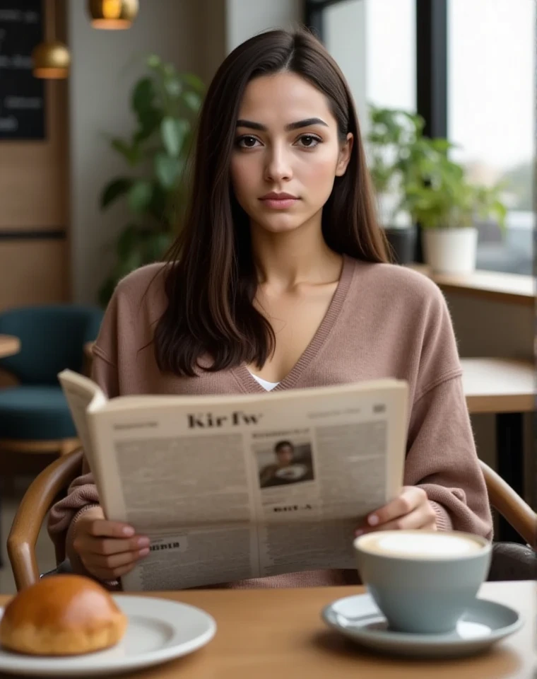 A young woman sitting casually in a cozy coffee shop, holding a folded newspaper in one hand as she relaxes in a comfortable chair. She is dressed stylishly yet casually, wearing a soft sweater and jeans or a flowy dress, with natural lighting streaming through large windows behind her. A steaming cup of coffee rests on the table in front of her, alongside a small plate with a pastry. Her posture is relaxed and thoughtful, her expression calm as she enjoys her quiet moment. The coffee shop ambiance is warm and inviting, with wooden furniture, potted plants, and the soft hum of a lively but peaceful environment