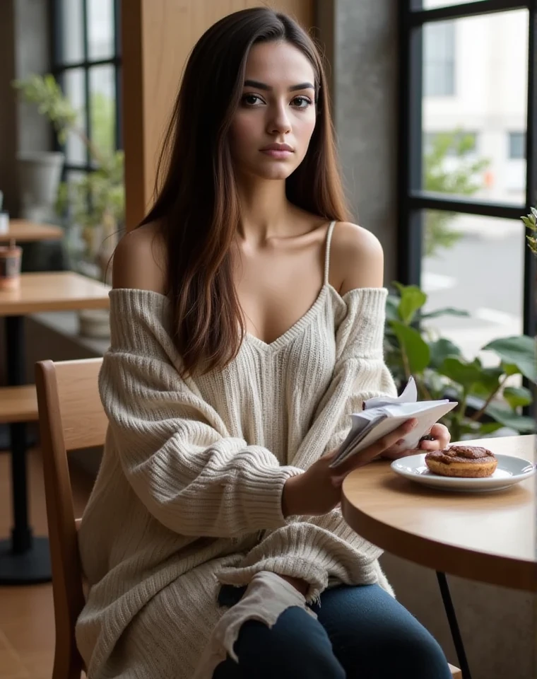 A young woman sitting casually in a cozy coffee shop, holding a folded newspaper in one hand as she relaxes in a comfortable chair. She is dressed stylishly yet casually, wearing a soft sweater and jeans or a flowy dress, with natural lighting streaming through large windows behind her. A steaming cup of coffee rests on the table in front of her, alongside a small plate with a pastry. Her posture is relaxed and thoughtful, her expression calm as she enjoys her quiet moment. The coffee shop ambiance is warm and inviting, with wooden furniture, potted plants, and the soft hum of a lively but peaceful environment