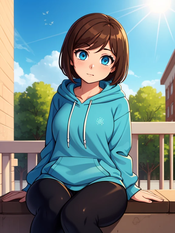 score_9, source_cartoon, 1girl, solo, 20yo woman, college freshman, brown hair, blue eyes, blue hoodie, yellow hornet (symbol) in the middle of the hoodie, black leggings
