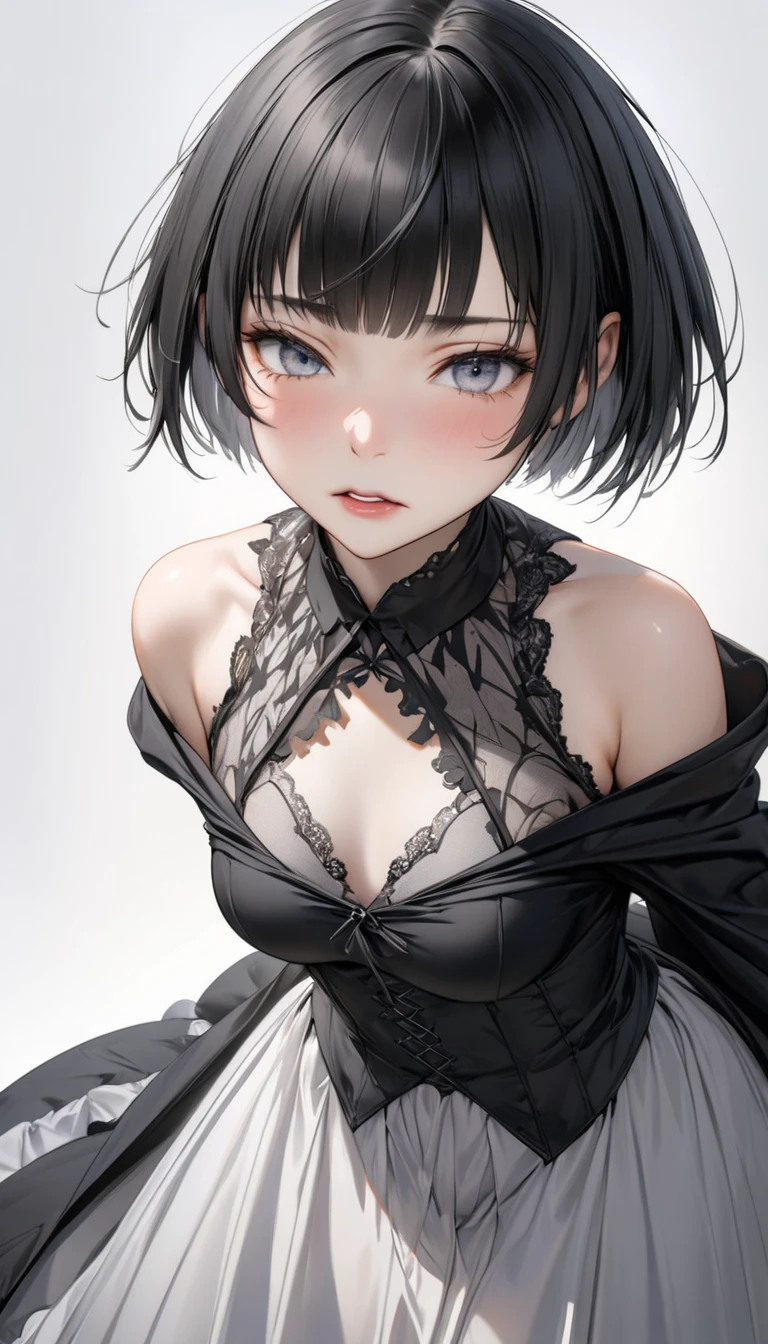 Top view, Woman with asymmetrical short hair, Gothic Lolita Fashion, Exposed cleavage and thighs, A dynamic pose, White background:1.2, Anime Style, Simple lines, Digital Painting, (masterpiece, High resolution, Highest quality)