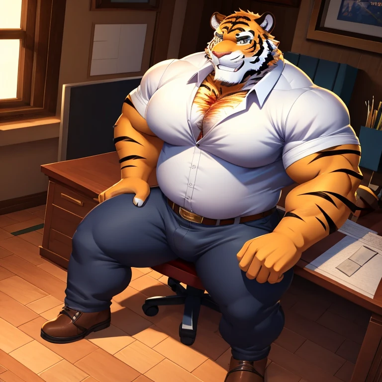 ((Best Quality)), ((Masterpiece)), (Extremely Detailed), ((4K)).

Bara, anthromorphic,tiger, tiger tail, solo focus, massive body, tattoos around arms, muscular, white shirt, upper body, male focus, collared shirt, pants, thick Thighs, very fat, huge pecs, round pecs, chest hair, grinning, standing, office, sit, dominant, perfect eyes), portrait, detailed eyes, masterpiece, best quality, HD, 4k, confident, dominant, showing off, looking at viewer, 8K HD