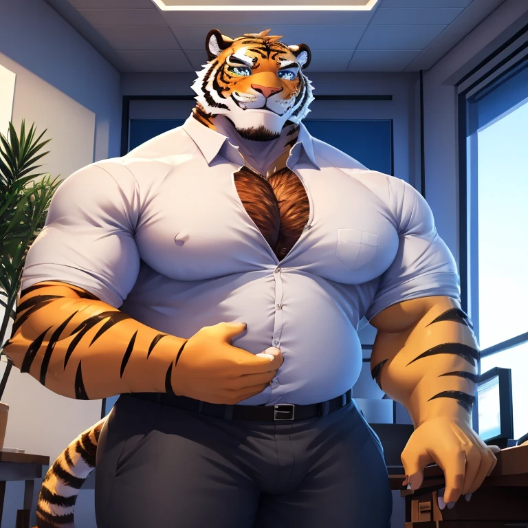 ((Best Quality)), ((Masterpiece)), (Extremely Detailed), ((4K)).

Bara, anthromorphic,tiger, tiger tail, solo focus, massive body, tattoos around arms, muscular, white shirt, upper body, male focus, collared shirt, pants, thick Thighs, very fat, huge pecs, round pecs, chest hair, grinning, standing, office, sit, dominant, perfect eyes), portrait, detailed eyes, masterpiece, best quality, HD, 4k, confident, dominant, showing off, looking at viewer, 8K HD