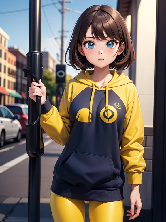 score_9, source_cartoon, 1girl, solo, 20yo woman, college freshman, brown hair, blue eyes, blue hoodie, yellow hornet (symbol) in the middle of the hoodie, black leggings
