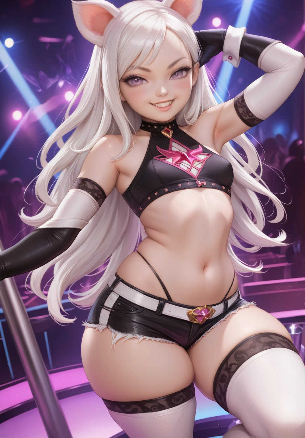 score_9, score_8_up, score_7_up, masterpiece, best quality, highly sexual poses, elinsdxl ,elinxl,1girl,solo, small animal ears, white hair, long hair, looking at viewer, skin indentation, blush, evil smile, smug, small breasts, crop top, short shorts, wide hips, thick thighs, elbow gloves, thigh highs, short, shortstack, dynamic pose, curvy, photorealistic,perfect face, narrow shoulders, SakimiStyle, nightclub,
