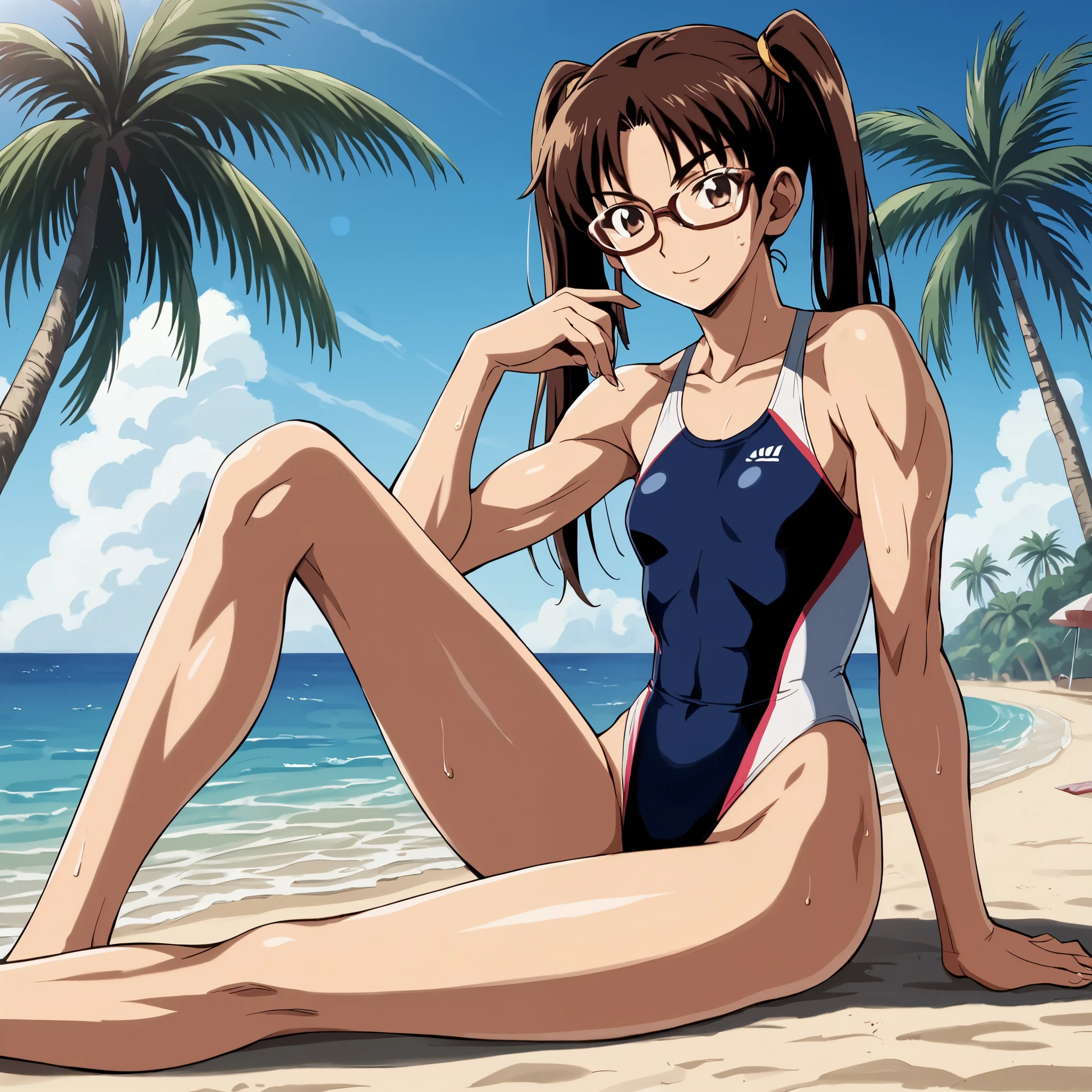 score_9, score_8_up, score_7_up, athletic body, muscular, masterpiece, best quality, anime, anatomically accurate, detailed face, pretty face, extremely detailed face, (((1girl))), tall girl, long hair, (((long legs))), slender body, skinny body, small breasts, flat chest, twintails hair, brown hair, framed glasses, wet skin, glossy skin, (((competition swimsuit))), (((beach))), (((palm tree))), ((sitting on the beach)), smirk, brown eyes, mesmerizing hair, (muscular belly), (((slender hips))), thin waist, (perfect feet with fingers very well detailed), (Perfect hands and fingers very well detailed), toenails a little square, bare feet, full body photo, reflection in the eye, dark eyes, anime, Anime Style, cinematic lighting, ray tracing, panorama, Sony FE, high definition, artwork, Anatomically Correct, Textuvermelho Skin, super detail, high quality, high resolution, high definition, 80swa