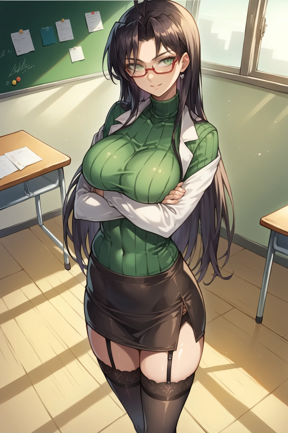  score_9,  score_8_above,  score_7_above, source_anime BREAK 1girl, Alone,  gunman shot ,  detailed background , Chisato SDXL ,  Black hair,   long hair,  green eyes, glasses, glasses de montura roja,   ribbed jersey , Santa&#39;s dress, Covered navel, garters, mini skirt, black flick,  Big Tits,  seductive smile, classroom, Sunlight, inside,  mature woman , at the table,  session,  oblique , crossed arms,