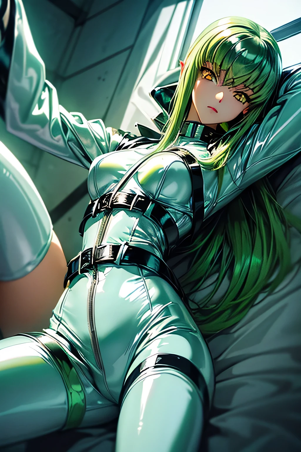 (masterpiece, highest quality, detailed), One girl, alone, View your viewers, c.c., Yellow Eyes, Green Hair, Long Hair, bangs, Medium chest, Straightjacket, White bodysuit, White shoes, water, 部分的にwater没した, From above, Floating, shallow water, Lips parted, Lie in, behind, Long sleeve, Wide sleeves,