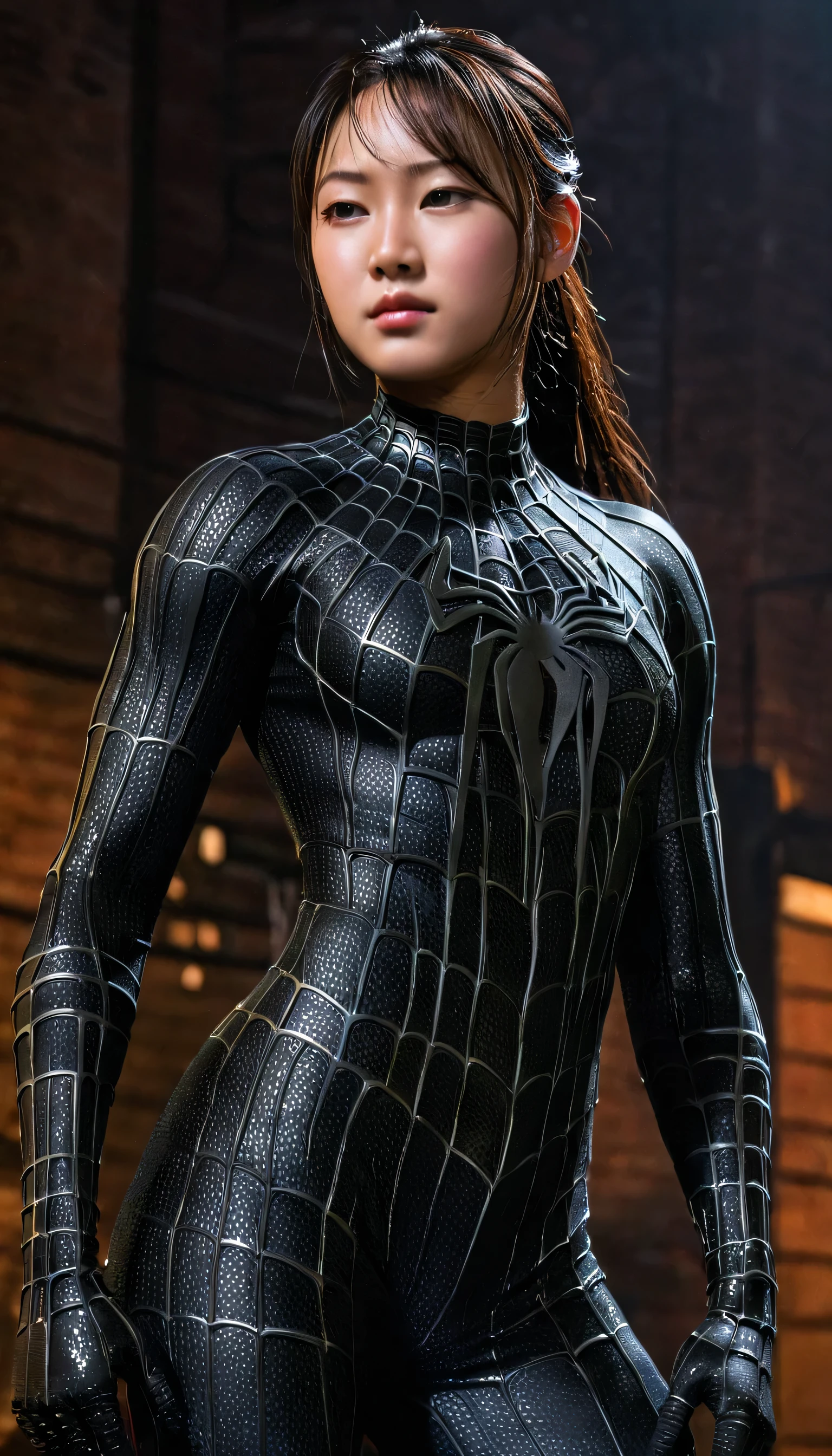 score_9, score_8_up, score_7_up, best quality, realistic, masterpiece, beautiful detail, hyperrealistic, (1girl, woman body, japanese girl, black spiderman mask), big breasts:1, amazing detailed full body portrait of a beautiful korean girl, defined japanese girl, wearing a realistic and highly detailed black raimi spider-man suit, ((huge muscular girl)), professional model wears ultra - detailed black raimi spider - man suit, ultra - detailed and grained black raimi spiderman suit, suit covered entire body and hand, black spiderman gloves, wet, (dance, singing), (full body), (dirty skin), on a stage, octane render, highly detailed, volumetric, dramatic lighting, (highest quality:1.1), (HDR:1.3), (top quality, best quality), realistic, high definition,
