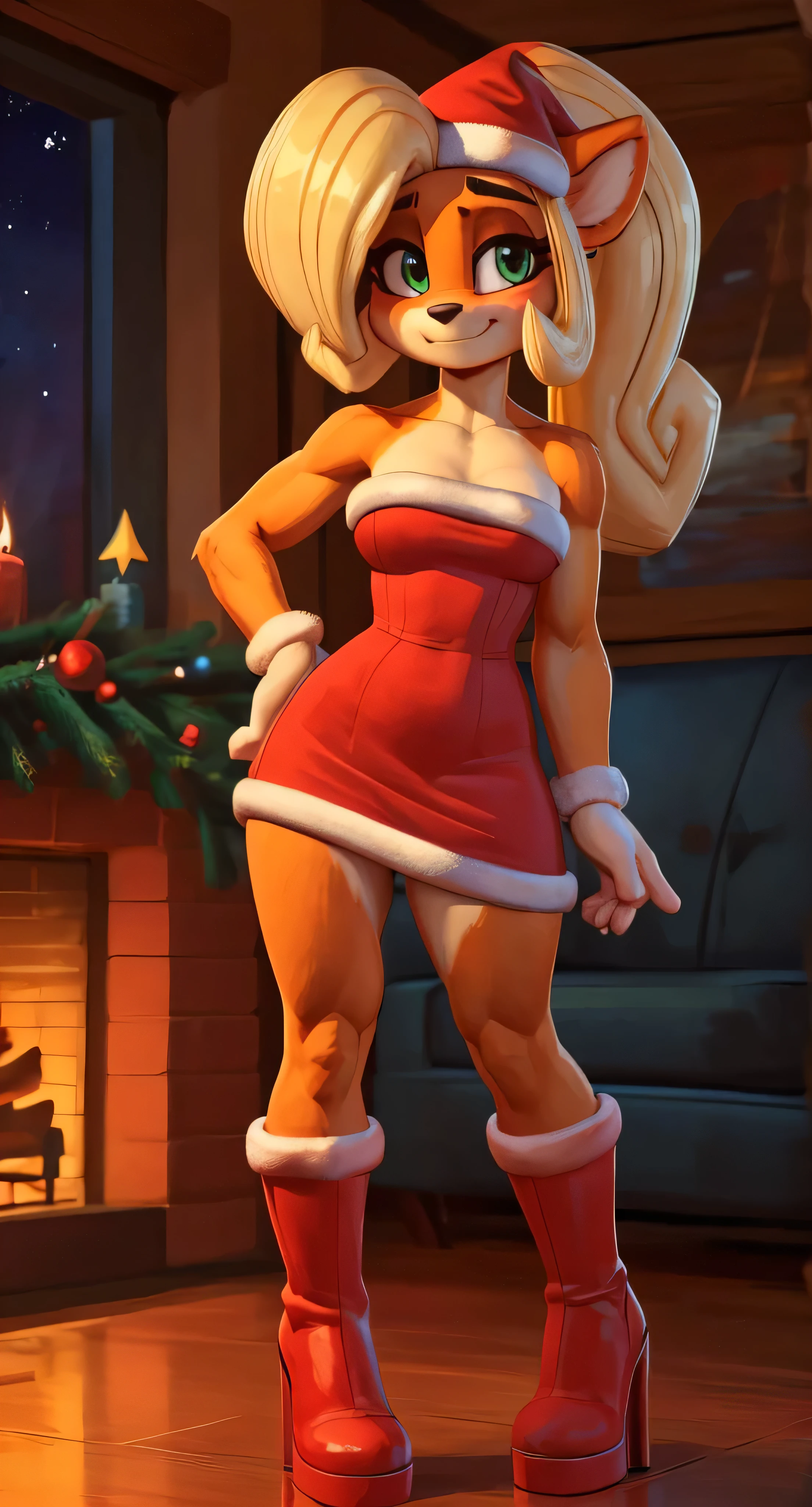 Coco bandicoot, [Uploaded to e621.net; (Pixelsketcher), (wamudraws)], ((masterpiece)), ((HD)), ((high res)), ((solo portrait)), ((full body visible)), ((front view)), ((feet visible)), ((furry; anthro)), ((detailed fur)), ((detailed shading)), ((beautiful render art)), {anthro; (slim figure), orange fur, black nose, (cute green eyes, cute shining eyes),(beautiful girl feets),(blonde hair), (horse tail hair),( porfect size big breasts) ,( small flower on her hair) ,topknot, fluffy tail, (curvy hips), (beautiful legs),(curly legs),(detailed feets with five fingers) , ( detailed female feets ) ,(beautiful feet), (shy,embarrassed , big blushing), (cute smirk)}, ( cute horny smile),( excited expression)},(defined muscles),(strapless red dress), (wool lining on dress), (red boots), (heels), (white gloves), (christmas hat)} , (standing on her feets) [background; (living room), (christmas tree), (christmas decor), (fireplace), (window), (snow), (nighttime), (starry sky), (ambient lighting)]